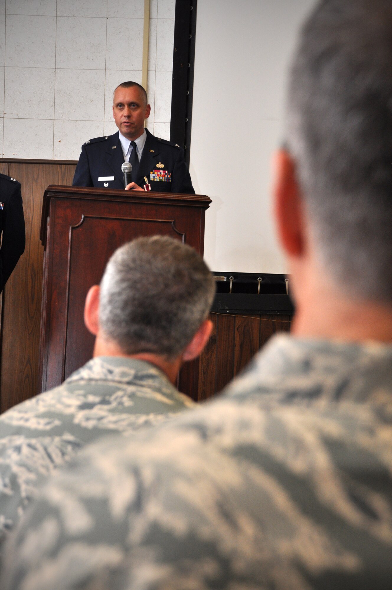 JOINT BASE ANDREWS, Md. -- Col. James A. Gray speaks to 459th Air Refueling Wing Airmen for the last time in a 459th Mission Support Group change of command ceremony here Aug. 13, 2011. Lt. Col. Dale Bateman assumed command of the 459th MSG from Colonel Gray who will be taking an Individual Mobilization Augmentee position at the Pentagon with the Air Force Reserve. (U.S. Air Force photo/Tech. Sgt. Steve Lewis)
