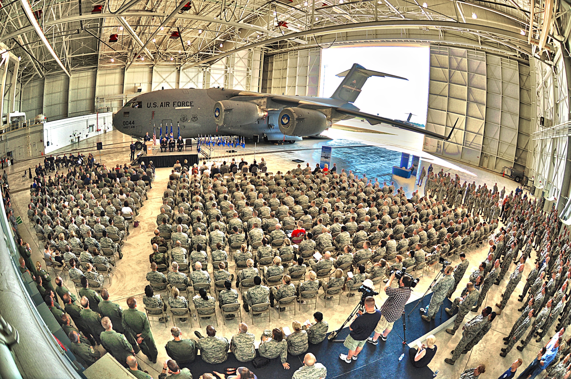 WRIGHT-PATTERSON AIR FORCE BASE, Ohio – More than 600 people attended the 445th Airlift Wing’s C-17 Welcome Ceremony July 9. Featured speakers included David Hobson, former U.S. Representative Ohio’s 7th District, Lt. Gen. Charles Stenner Jr., Air Force Reserve Command commander, retired Brig. Gen. Howard Ingersoll, the Boeing Company representative, and Col. Stephen Goeman, 445th Airlift Wing commander. (U.S. Air Force photo/Senior Airman Mikhail Berlin)