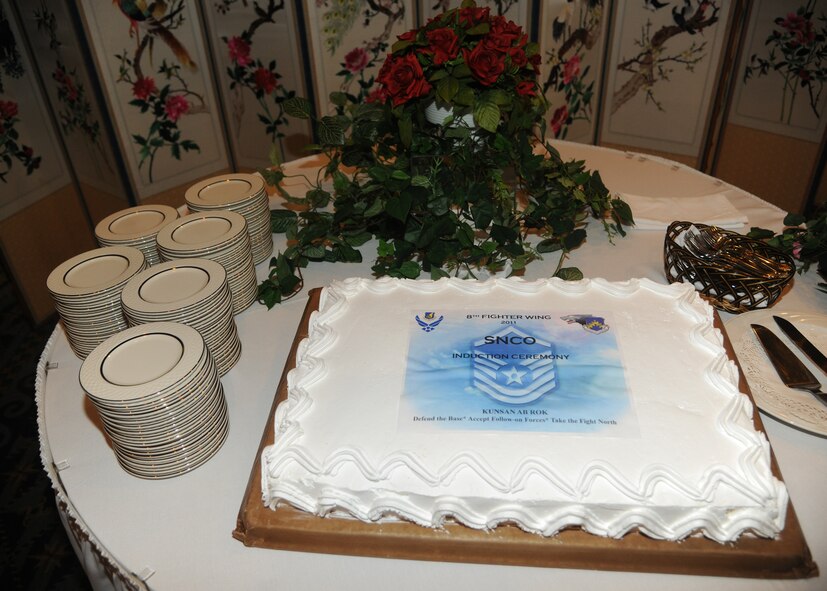 KUNSAN AIR BASE, Republic of Korea -- The Wolf Pack honors its new master sergeant selectees and master sergeants at the Senior NCO Induction Ceremony here Aug. 12. (U.S. Air Force photo/Staff Sgt. Rasheen Douglas)
