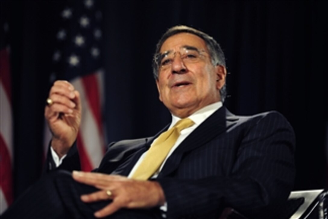 Secretary of Defense Leon E. Panetta responds to a question from the audience during a televised conversation with Secretary of State Hillary Rodham Clinton at the National Defense University in Washington, D.C., on Aug. 16, 2011.  
