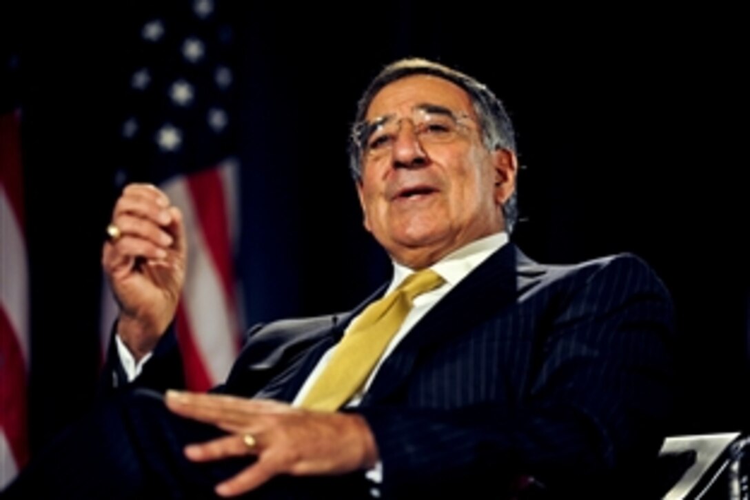 Defense Secretary Leon E. Panetta responds to a question from the audience during a televised conversation with Secretary of State Hillary Rodham Clinton at National Defense University in Washington, D.C., Aug. 16, 2011.