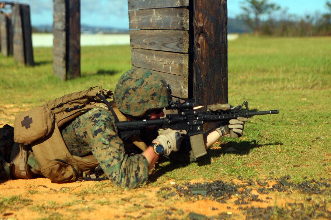 A Marine with Headquarters and Service Company, Battalion Landing Team 2nd Battalion, 7th Marines, 31st Marine Expeditionary Unit, engages targets during an unknown distance shooting competition, August 17. The Marines were competing against each other for a prize and bragging rights. The 31st MEU is the only continuously forward-deployed MEU and remains the nation’s force in readiness in the Asia-Pacific region.