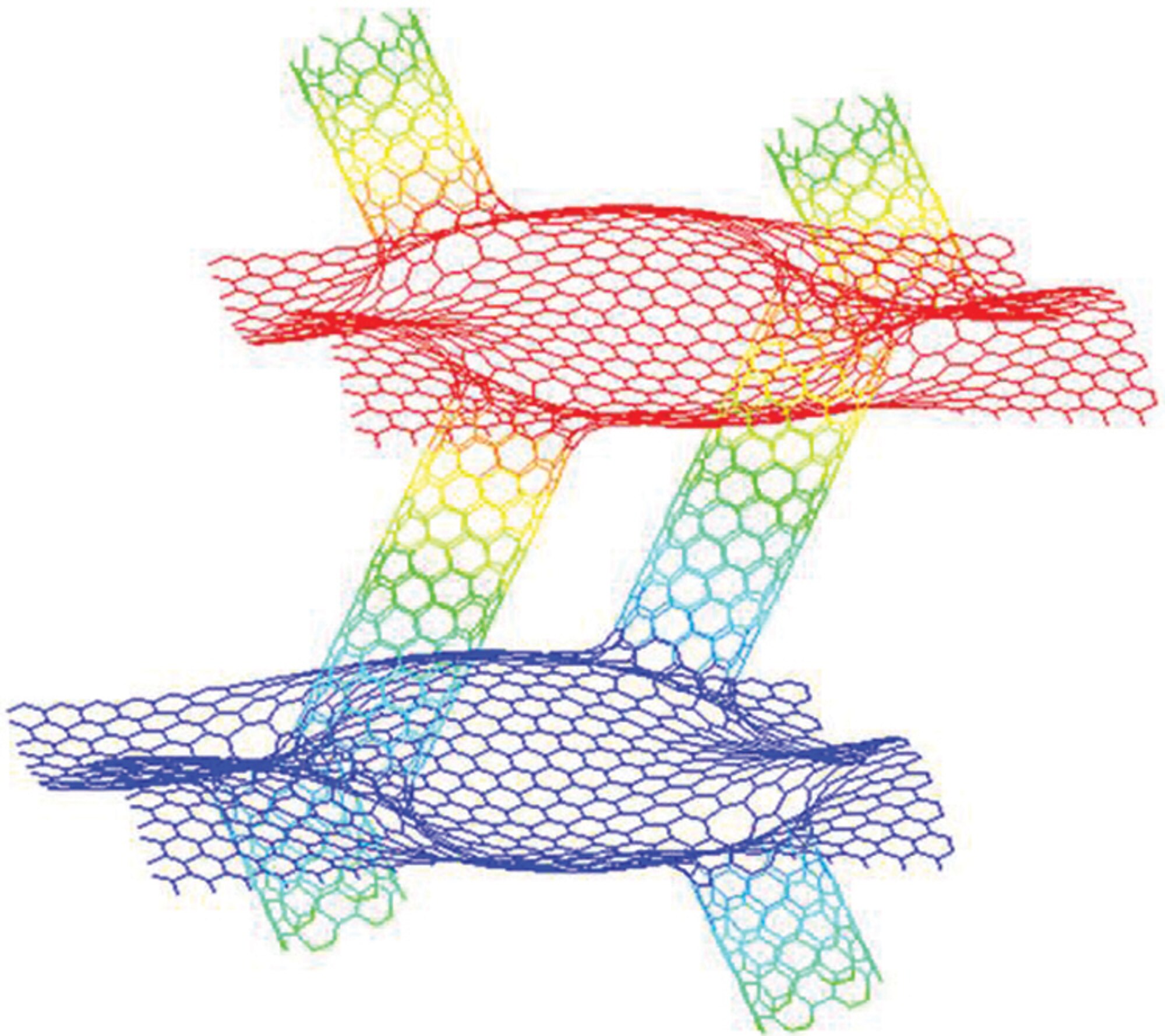 A computer generated graphic shows the buckling behavior of the 3D carbon nanotube grapheme nanostructure. Research discovered that phonon scattering at the carbon nanotube pillar graphene junctions is the governing mechanism that limits thermal transport in this system.  (AFRL Image)


