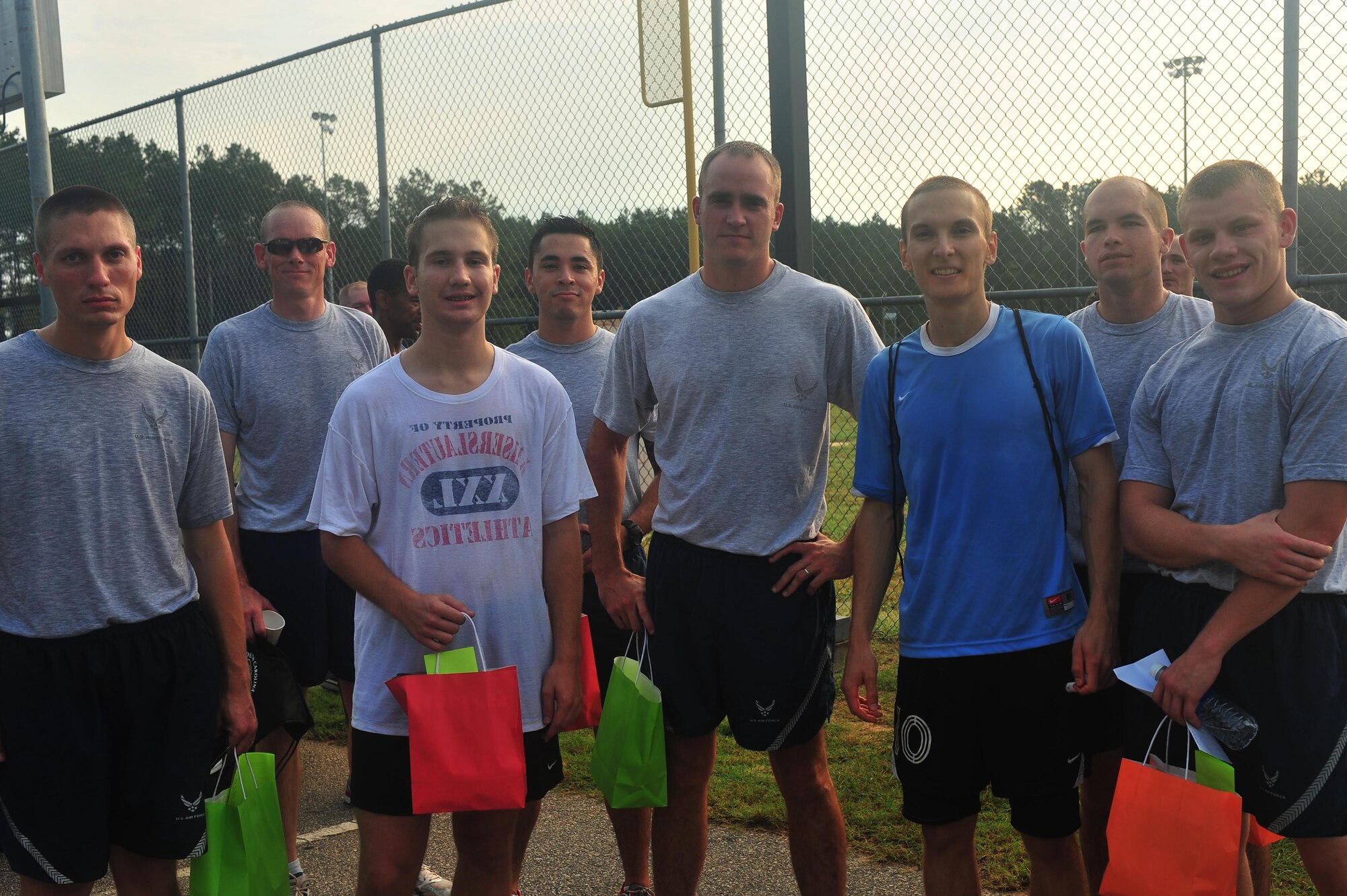 Team Shaw's 5k Poker Run male winners pose for a photo after the race at
Shaw Air Force Base, S.C. Aug. 12, 2011.There were about 160 Team Shaw members who participated in this event. (U.S. Air Force photo
by Airman 1st Class Ashley Gardner/Released)
