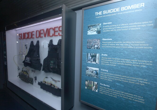 A static display of typical suicide bomb vest devices is shown in the first conex box of the Mobile Counter-Improvised Explosive Device Interactive Trainer, aboard Marine Corps Base Camp Lejeune, recently.