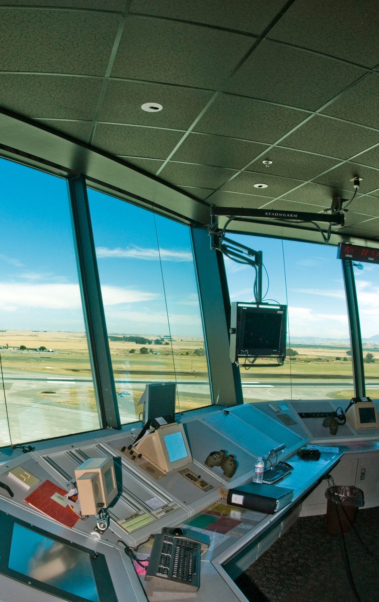 A view of the Travis Air Force Base flightline from the perspective of a tower controller, which is only a portion of the towers 360 degree plane of view.