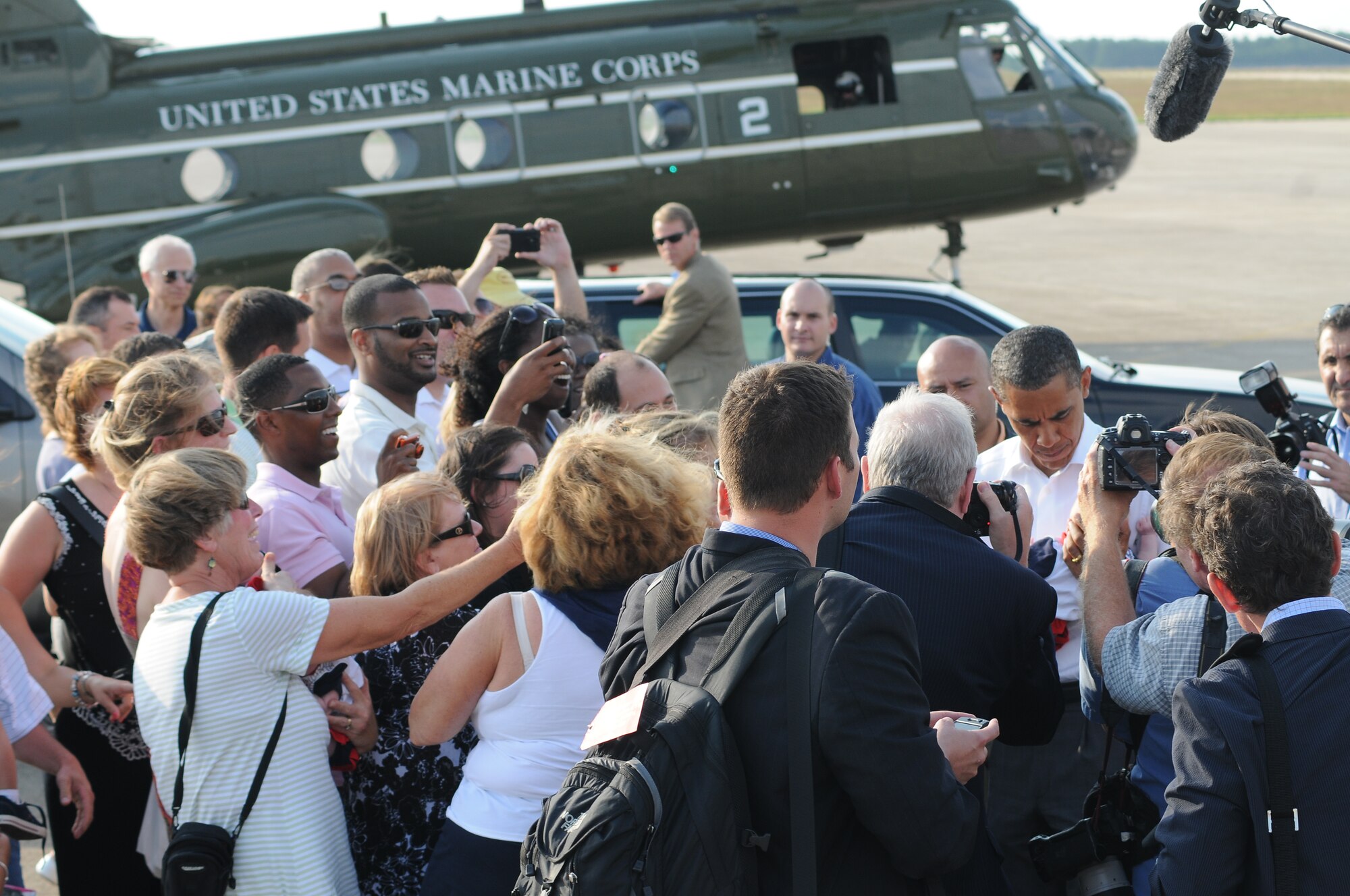 President Barack Obama visits Air Station Cape Cod on the way to Martha's Vineyard for his presidential vacation. (U.S Air Force Photo by Tech.Sgt. Jeffery Foster)