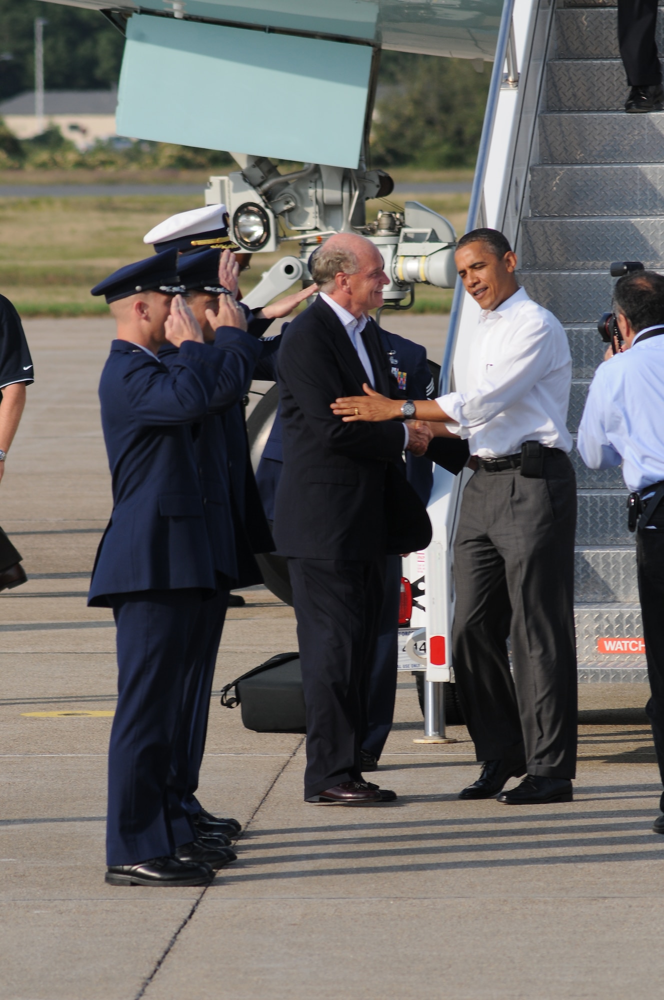 President Barack Obama visits Air Station Cape Cod on the way to Martha's Vineyard for his presidential vacation. (U.S Air Force Photo by Tech.Sgt. Jeffery Foster)