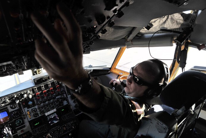U.S. Air Force Capt. Matt Hendrickson, 171st Air Refueling Squadron pilot, Air National Guard, Selfridge, Mich., conducts pre-launch checks for a KC-135 Stratotanker before a training mission during Green Flag-West 11-9 Aug. 16, 2011, at Nellis Air Force Base, Nev. Green Flag-West provides a realistic close-air support training environment for forces preparing to support worldwide combat operations.(U.S. Air Force photo by Staff Sgt. Christopher Hubenthal/Released)
