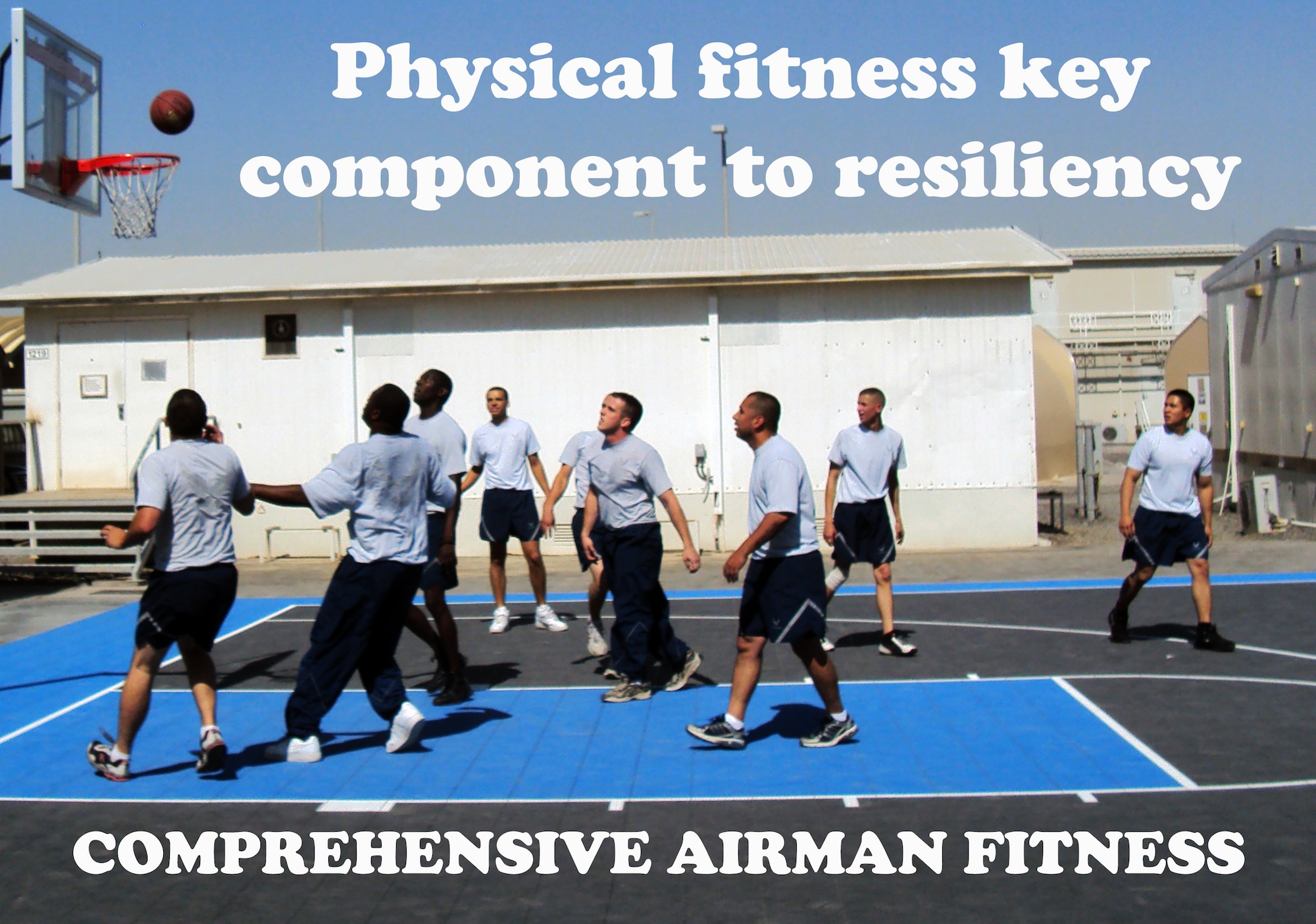 Airmen from the 380th Air Expeditionary Wing play a game of basketball in their minimal off-time while deployed to a non-disclosed base in Southwest Asia on Feb. 7, 2010. Physical activity, such as basketball, can be way to relieve stress and help improve physical fitness, according to fitness experts. In the Comprehensive Airman Fitness culture, physical fitness is one of the four pillars of fitness. (U.S. Air Force Photo Illustration/Master Sgt. Scott T. Sturkol)