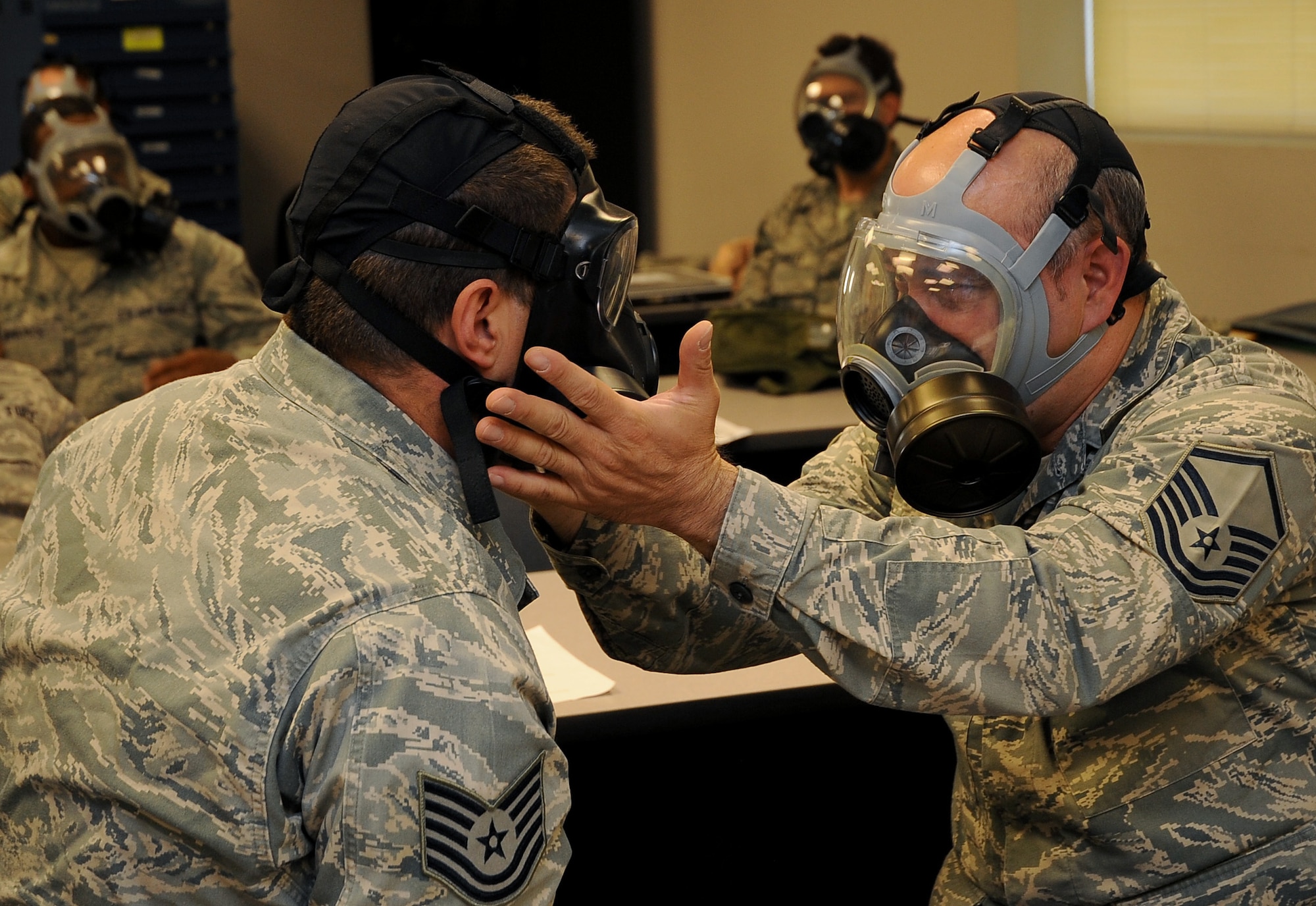 Richard Cunningham, 2nd Force Support Squadron, during a chemical, biological, radiological, nuclear and high-yield explosive class on Barksdale Air Force Base, La., Aug. 18. The 2nd Civil Engineer Squadron Emergency Management flight teaches the CBRNE class several times a month to keep Barksdale Airmen up to date with training requirements. (U.S. Air Force photo/Senior Airman Amber Ashcraft) (RELEASED)