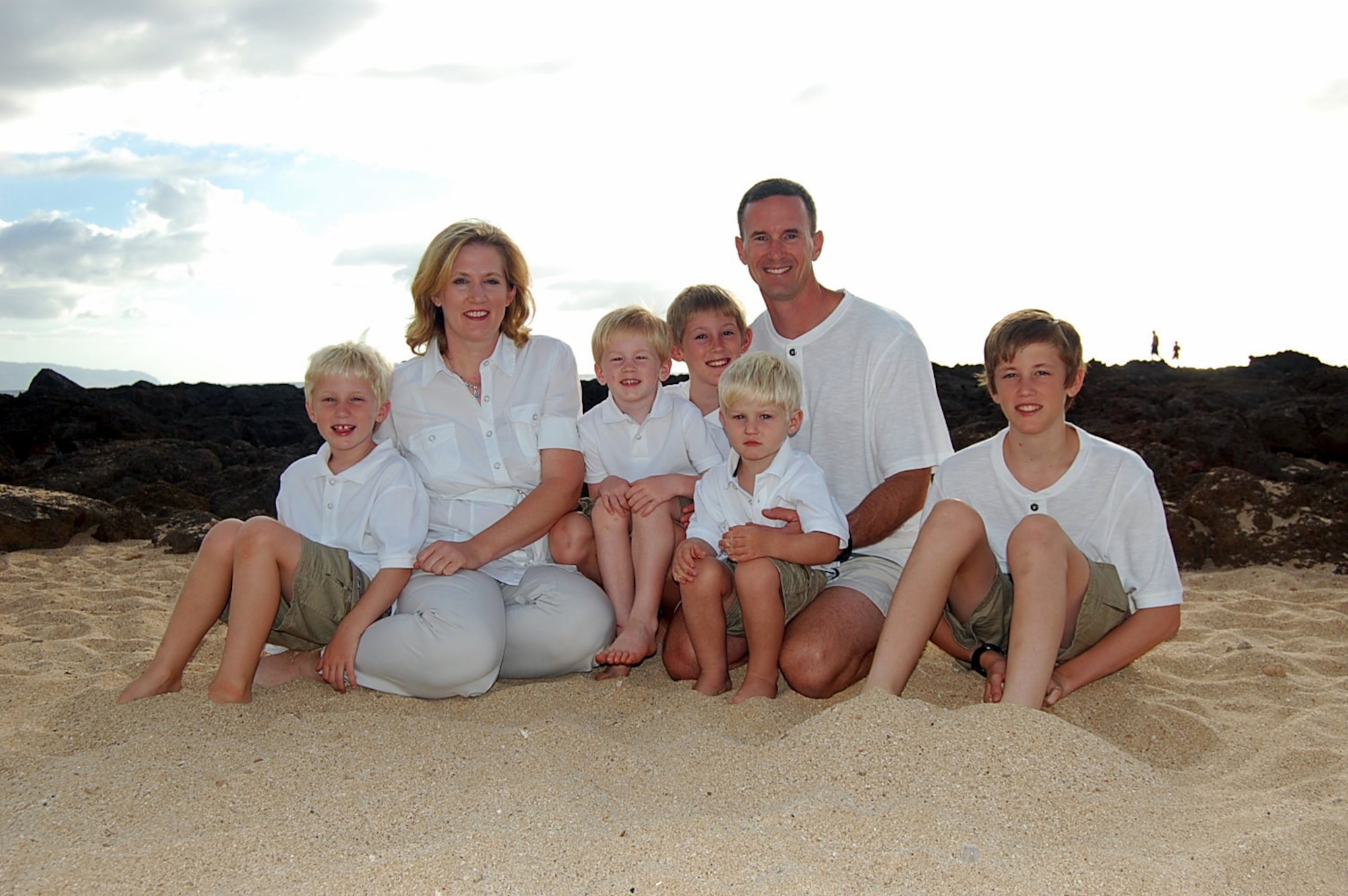 Col. Mark Zimmerhanzel, 819th RED HORSE Squadron commander, and his wife, Beth, pose for a family picture with their five boys; (from left to right) Nicholas, 8, Jacob, 6, David, 13, Drew, 4, and Eric, 15.  (Courtesy photo)