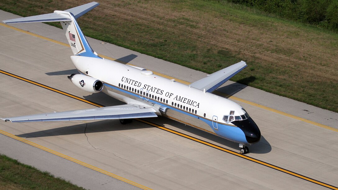 A C-9C from the Air Force Reserve Command's 932nd Airlift Wing travels between runways as it prepares to fly to Dover Air Force Base on August 18, 2011.   Once used to fly distinguished guests, it will now become a part of the Air Mobility Command Museum in Delaware.  (U.S. Air Force/Tech. Sgt. Christopher Parr)