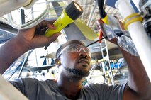 Marquis Wimberly, aircraft mechanic, inspects an F-15 nose landing gear for FOD. Wimberly is one of the workers in the 402nd Maintenance Wing Wage Grade Helper Formal Training Program. U. S. Air Force photo by Sue Sapp