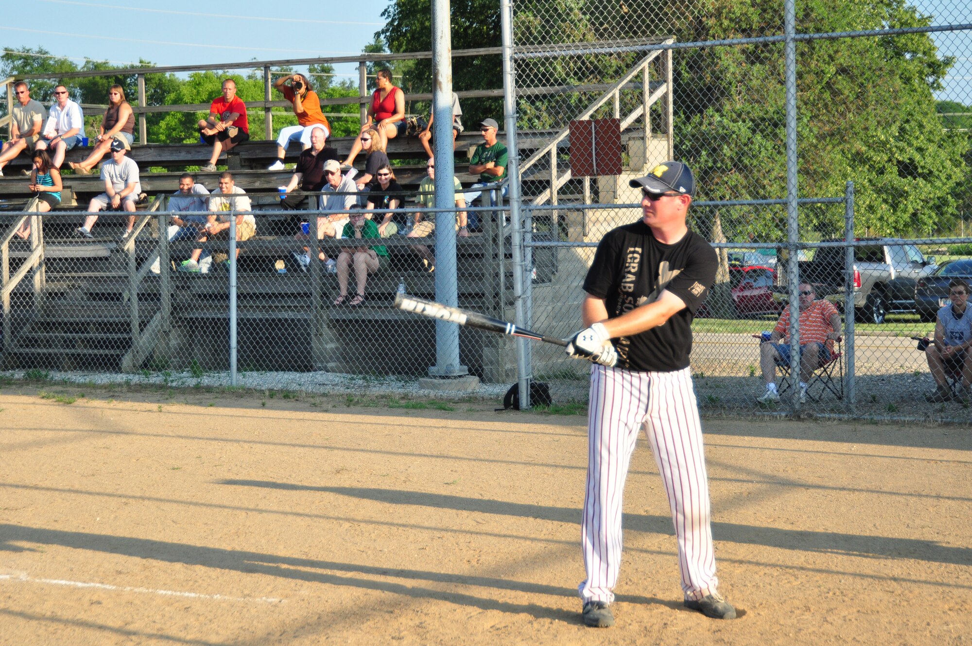 WRIGHT-PATTERSON AIR FORCE BASE, Ohio – Tech. John Stevens, 445th Aircraft Maintenance Squadron, stands ready at the plate in anticipation for the ball during the July 9 Active Duty vs. Reserves Softball Challenge July 9. (U.S. Air Force photo/Senior Airman Mikhail Berlin)