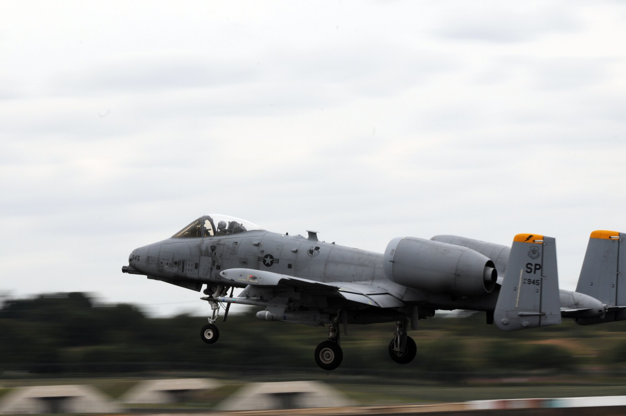 ROYAL AIR FORCE LAKENHEATH, England -- An A-10 Thunderbolt II from the 81st Fighter Squadron, Spangdahlem Air Base, Germany, takes off from RAF Lakenheath, Aug. 17, 2011.The A-10s were at Lakenheath in support of a U.K.-led exercise. The A-10 is a highly accurate weapons-delivery platform and has excellent maneuverability at low air speeds and altitude. (U.S. Air Force photo/Airman Cory D. Payne)