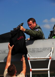 Lt. Col. Mike Lightner prepares to return to McEntire Joint National Guard
Base, Eastover, S.C.  Aug. 17, after a detachment of F-16s spent four days
at Joint Base Charleston - Air Base. Lightner is assigned to the 169th
Fighter Wing. (U.S. Air Force Photo/ Staff Sgt. Clay Lancaster)
