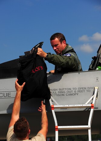 Lt. Col. Mike Lightner prepares to return to McEntire Joint National Guard
Base, Eastover, S.C.  Aug. 17, after a detachment of F-16s spent four days
at Joint Base Charleston - Air Base. Lightner is assigned to the 169th
Fighter Wing. (U.S. Air Force Photo/ Staff Sgt. Clay Lancaster)
