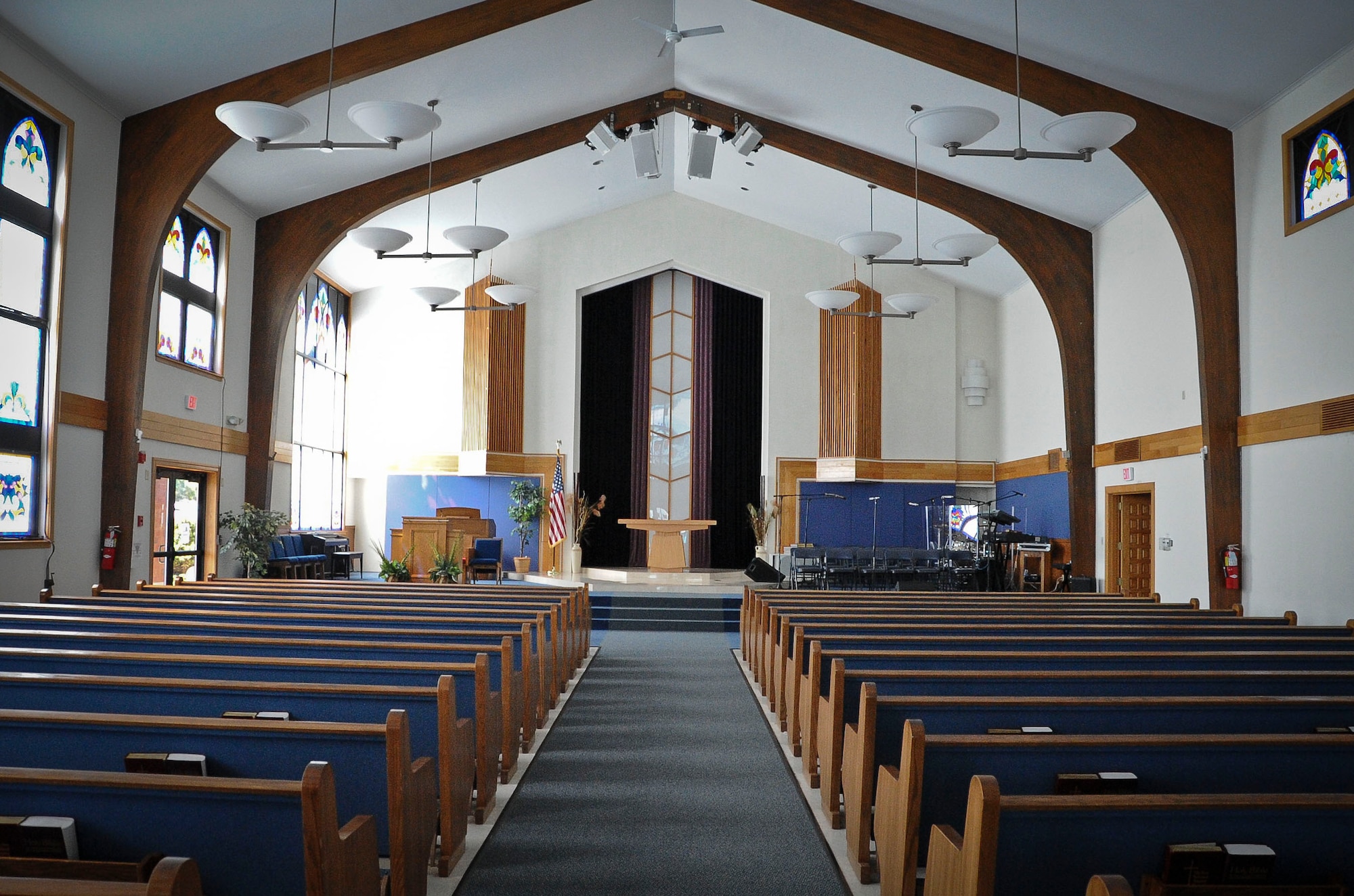 The McGuire Chapel is the main chapel for Joint Base McGuire-Dix-Lakehurst and holds services during the week and weekend for a variety of religious denominations. The base houses four chapels with the same mission; to promote comprehensive and agile spiritual readiness for America’s most combat ready, mobility and expeditionary warfighters. (U.S. Air Force photo by Airman 1st Class Dennis Sloan/Released)