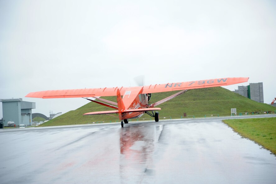 MISAWA, Japan (Aug. 18, 2011) - A replica of Miss Veedol taxis away from the Misawa Air Museum as it prepares for a demonstration flight in celebration of the 80th anniversary of the first nonstop transpacific flight.  Miss Veedol, a 1931 Bellanca Skyrocket J-400, departing from Misawa and landing in East Wenatchee Wash., was the first aircraft to fly across the Pacific Ocean nonstop. (U.S. Navy photo by Mass Communication Specialist 1st Class Matthew M. Bradley/Released)