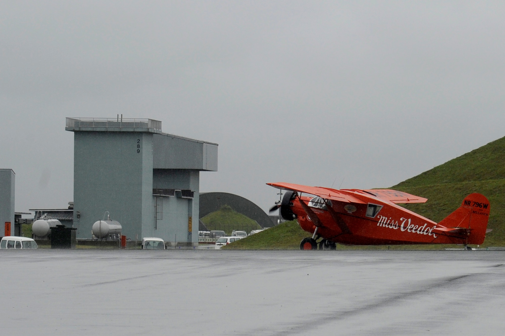 MISAWA AIR BASE, Japan -- Miss Veedol, a replica of the 1931 Bellanca Skyrocket J-300, taxis for take-off during the Miss Veedol Flight 80th Anniversary Ceremony held at the Misawa Air and Science Museum Aug. 18. The Miss Veedol carried an initial load of 915 gallons of aviation gasoline on her record-breaking flight from Sabishiro Beach, Misawa to Wenatchee, Washington. (U.S. Air Force photo/Tech. Sgt. Marie Brown)