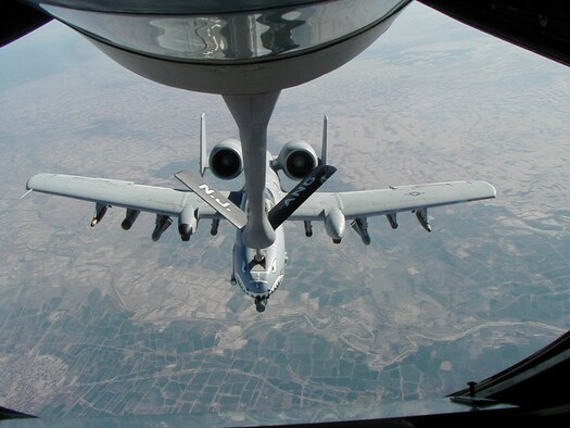 DAVIS-MONTHAN AIR FORCE BASE, Ariz. – Lt. Col. Scott Campbell, 358th Fighter Squadron commander and A-10 instructor pilot, hooks up to a New Jersey Air National Guard refueling tanker during a mission in support of Operation Anaconda in Afghanistan in March, 2002. Colonel Campbell provided much needed close air support in the battle of Takur Ghar. (Courtesy photo)