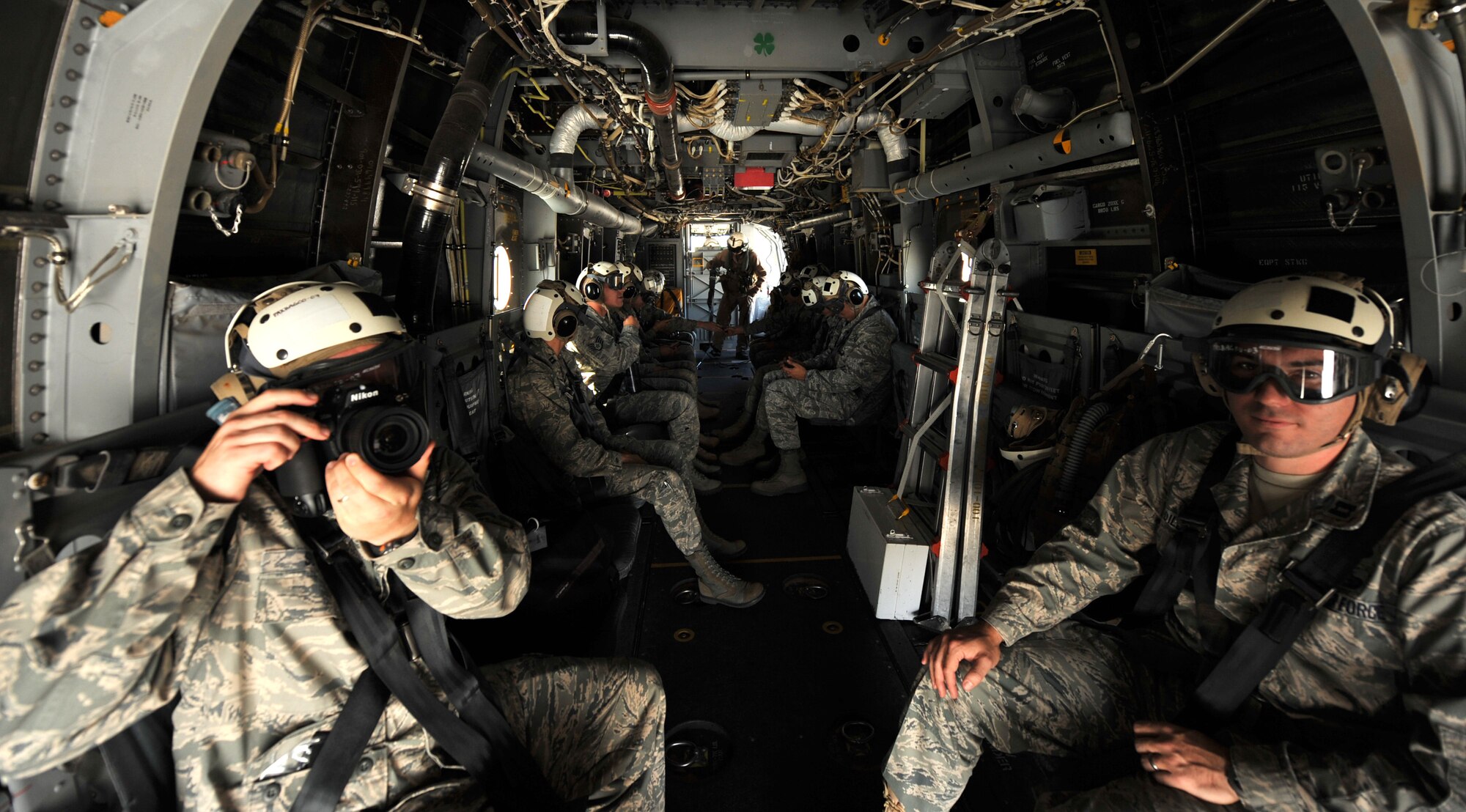 MOUNTAIN HOME AIR FORCE BASE, Idaho – U.S. Air Force personnel wait for takeoff on an MV-22 Osprey aircraft here Aug 18. The MV-22 Osprey aircraft has enough seats to transport 24 combat troops. (U.S. Air Force photo by Airman 1st Class Heather Hayward)