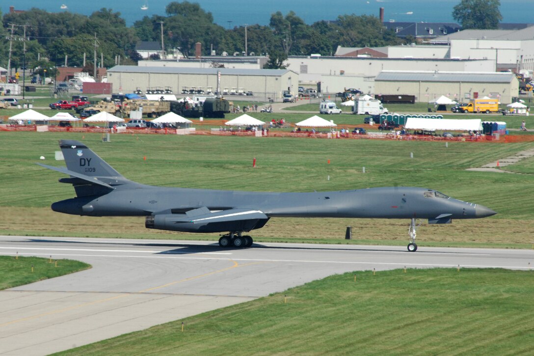 A B-1B Lancer from Dyess Air Force Base, Texas, taxies to the parking ramp at Selfridge Air National Guard Base, Mich., Aug. 19, 2011. The Lancer was visiting the base for the Selfridge Air Show and Open House, Aug. 20-21. (USAF photo by John S. Swanson)