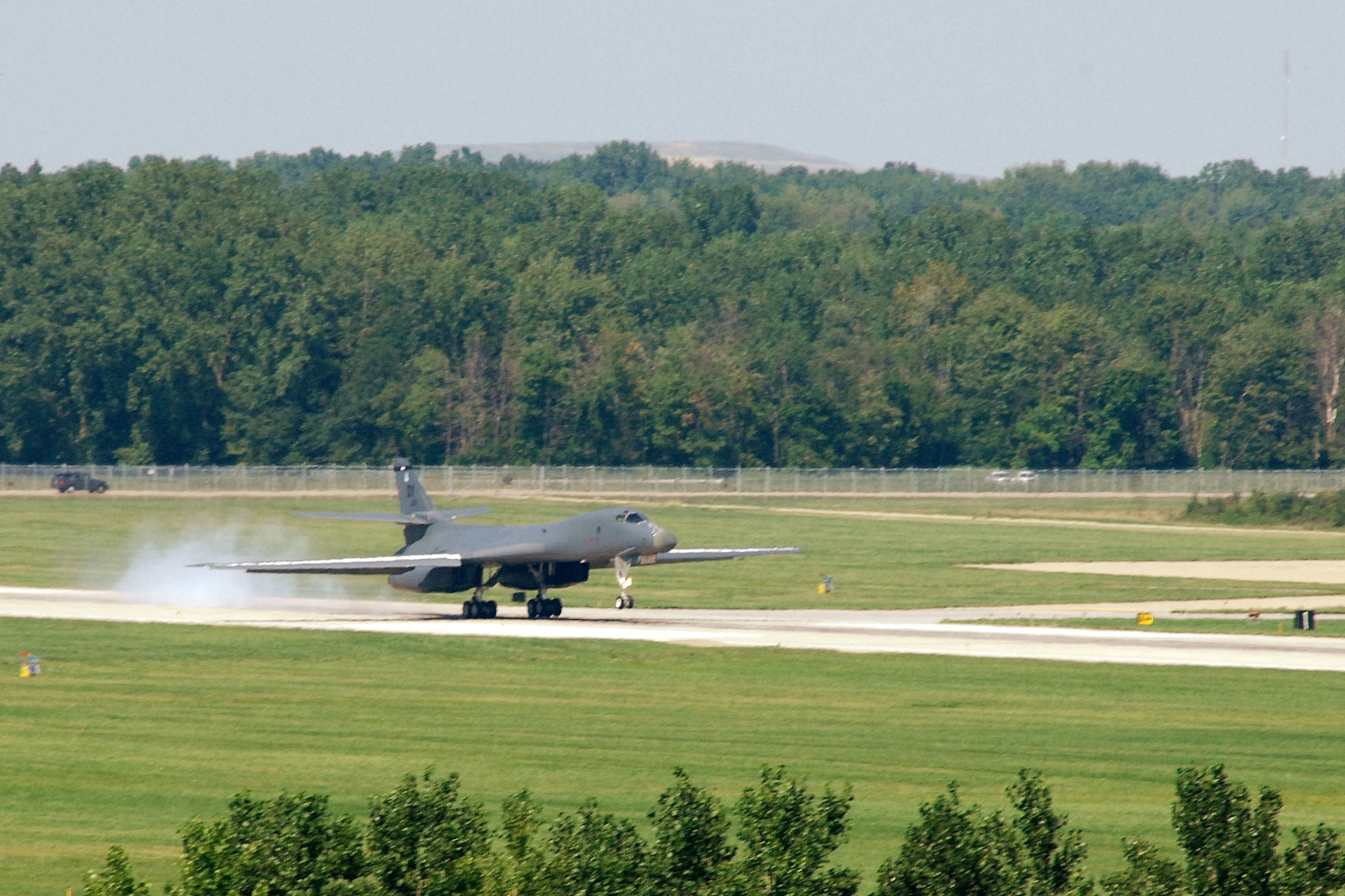 A B-1B Lancer from Dyess Air Force Base, Texas, lands at Selfridge Air National Guard Base, Mich., Aug. 19, 2011. The Lancer was visiting the base for the Selfridge Air Show and Open House, Aug. 20-21. (USAF photo by John S. Swanson)