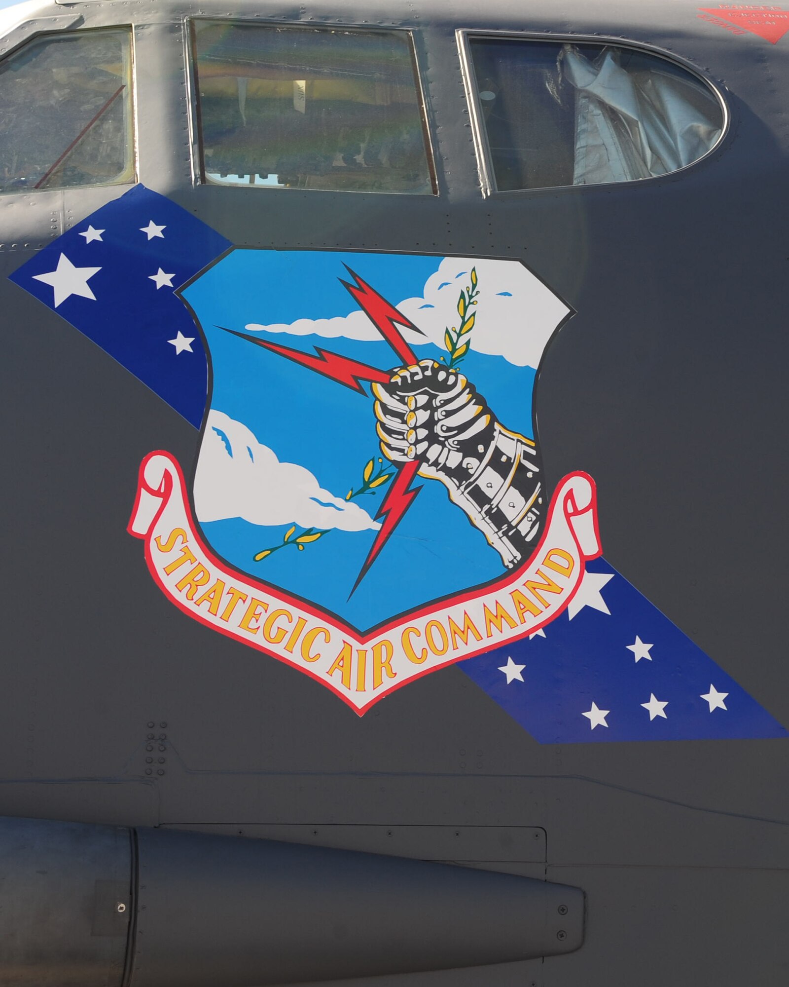 MINOT AIR FORCE BASE, N.D. -- A B-52H Stratofortess received nostalgic nose art for the 50th anniversary of its arrival to Minot AFB here Aug. 19. The Strategic Air Command patch was added for the ceremony to commemorate the airframe’s history. (U.S. Air Force photo/Senior Airman Michael J. Veloz)