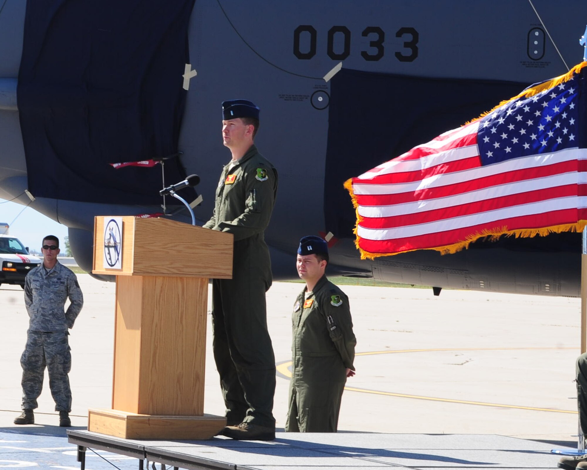 MINOT AIR FORCE BASE, N.D. -- 1st Lt. Daniel Welch, 23rd Bomb Squadron copilot, speaks to Airmen during the 50th anniversary of the B-52H Stratofortess’s arrival to Minot here Aug. 19. The B-52, named the “Peace Persuader,” had nostalgic nose art painted on the airframe to commemorate the history of the aircraft. (U.S. Air Force photo/Senior Airman Michael J. Veloz)