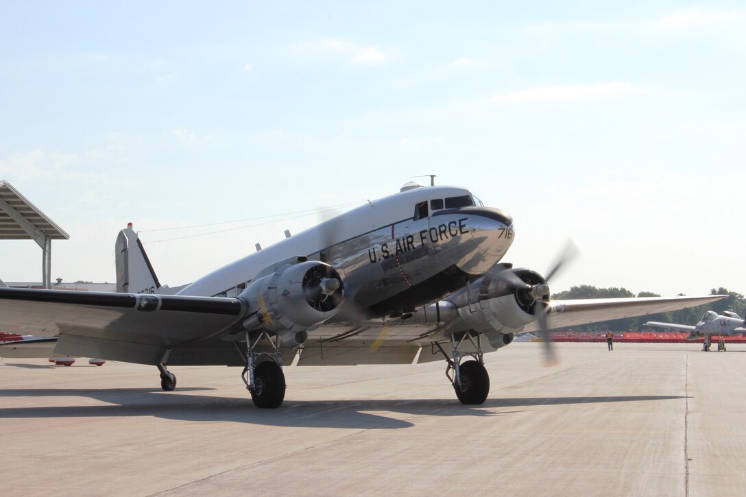 A C-47 taxis on the ramp at Selfridge Air National Guard Base, Mich., Aug. 19, 2011. The World War II-era aircraft was visiting for the base's air show and open house. A World War II veteran, Edward Lash, flew aboard the aircraft for the flight, his first time aboard a C-47 since he was a crew member in 1945. (USAF photo by TSgt. Dan Heaton)