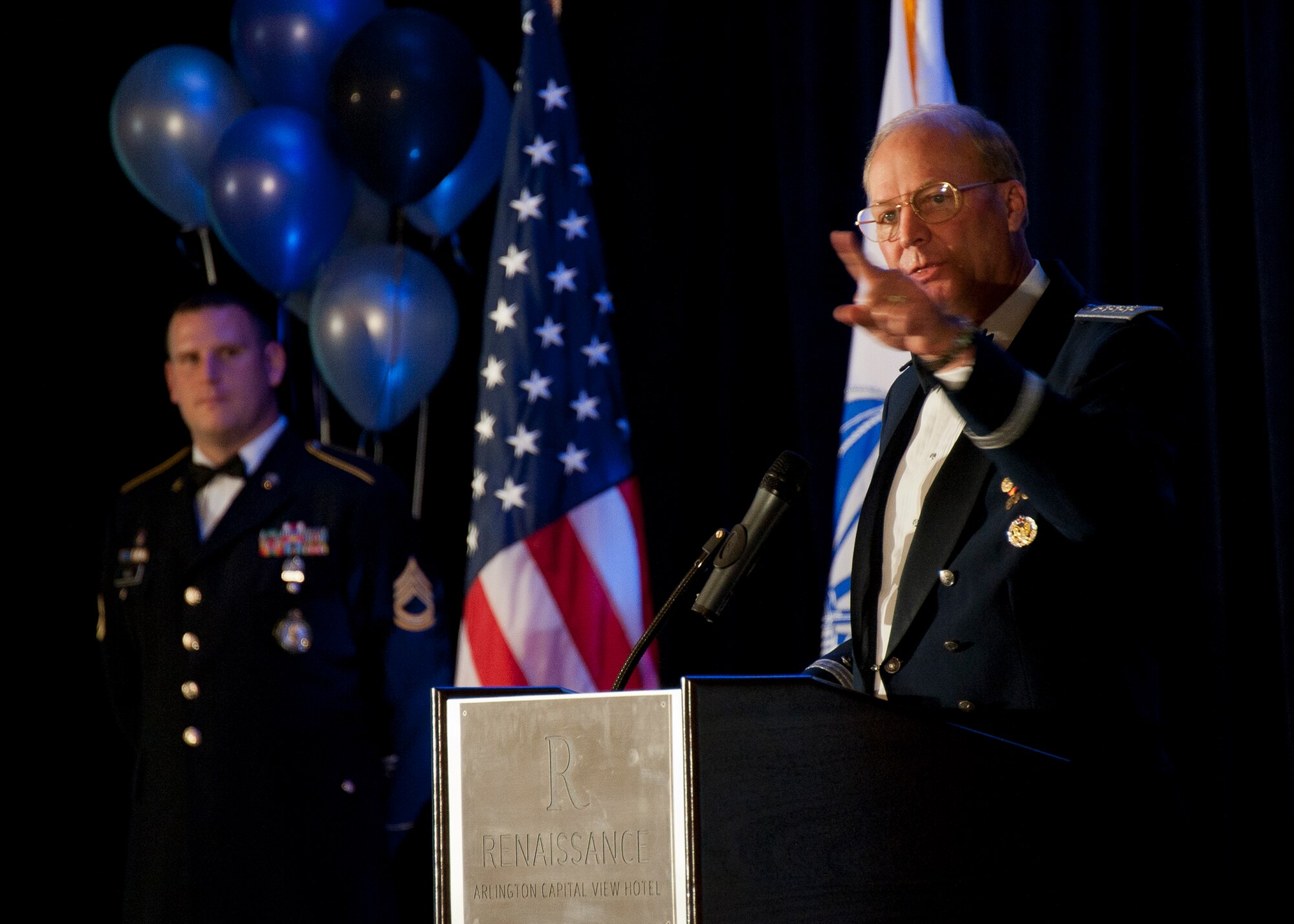 General Craig R. McKinley, Chief, National Guard Bureau, addresses the crowd at the National Soldiers and Airmen of the Year banquet at the Renaissance Arlington Capital View Hotel, Arlington, Virginia. The banquet recognizes those winners for the outstanding work and for the year and for winning the award. (US Air Force photo by MSgt Marvin Preston, 169th FW/PA)