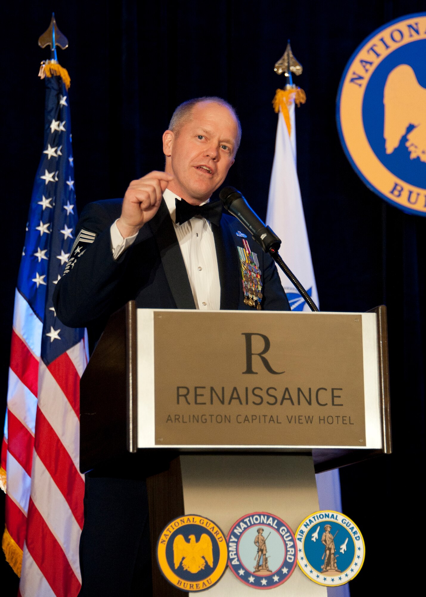 Chief Master Sergeant Christopher E. Muncy, Command Chief Master of the National Guard, addresses the crowd at the National Soldiers and Airmen of the Year banquet at the Renaissance Arlington Capital View Hotel, Arlington, Virginia. The banquet recognizes those winners for the outstanding work and for the year and for winning the award. (US Air Force photo by MSgt Marvin Preston, 169th FW/PA)