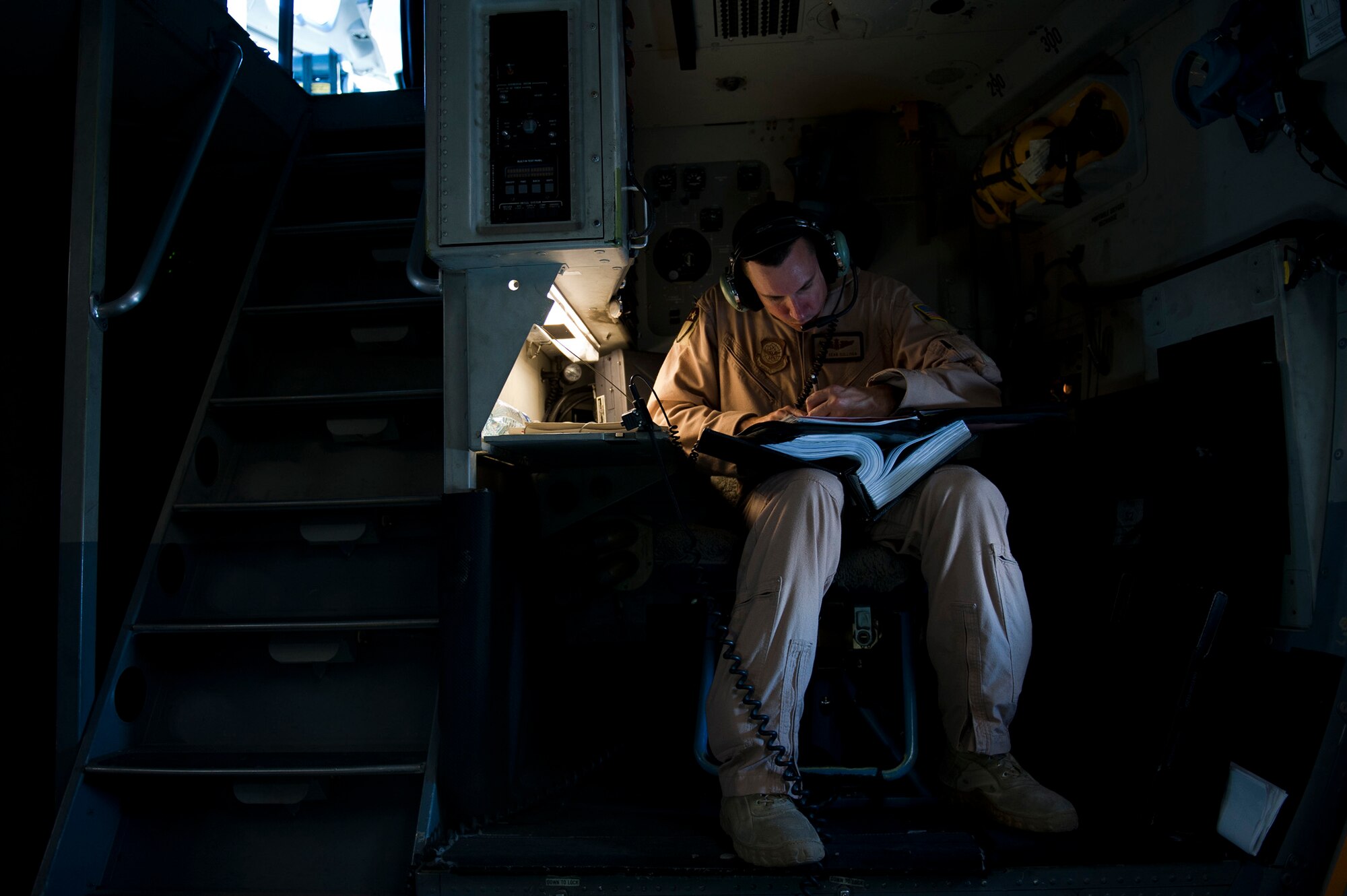 Staff Sgt. Sean Sullivan, an 817th Expeditionary Airlift Squadron loadmaster, annotates mechanical discrepancies onboard a C-17 Globemaster III aircraft Aug. 18, 2011, while flying over Afghanistan. The crew transported equipment and supplies from Incirlik Air Base, Turkey, to Kandahar Air Field, Afghanistan. (U.S. Air Force photo by Tech. Sgt. Michael B. Keller/Released)