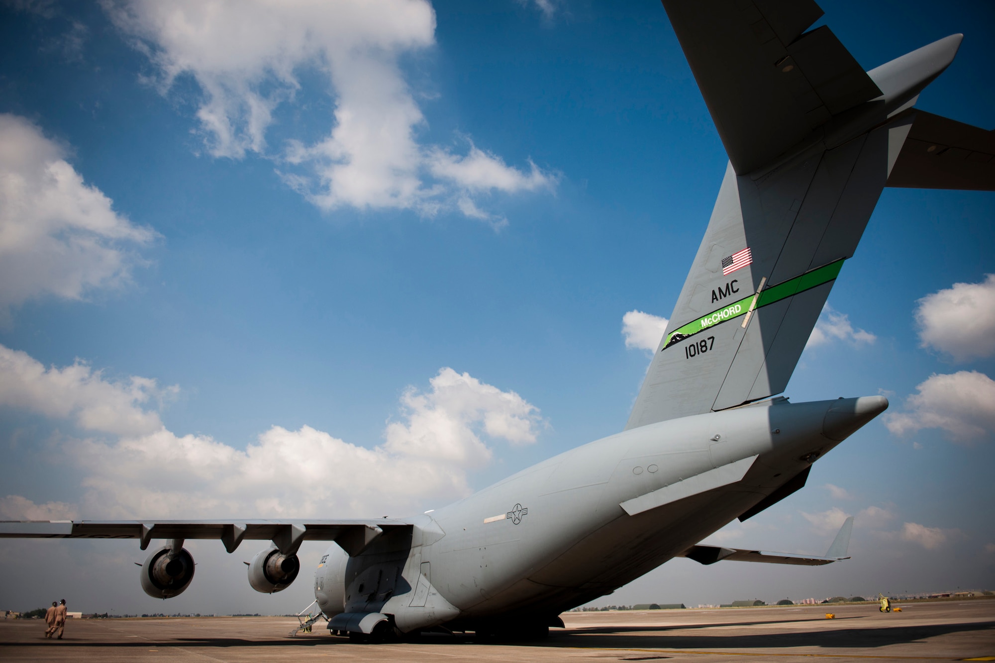 Capts. Matt Hammerle, left, and Eric Bowers, 817th Expeditionary Airlift Squadron pilots, inspect a C-17 Globemaster III aircraft before a flight Aug. 18, 2011, at Incirlik Air Base, Turkey. The crew transported equipment and supplies to Kandahar Air Field, Afghanistan. (U.S. Air Force photo by Tech. Sgt. Michael B. Keller/Released)