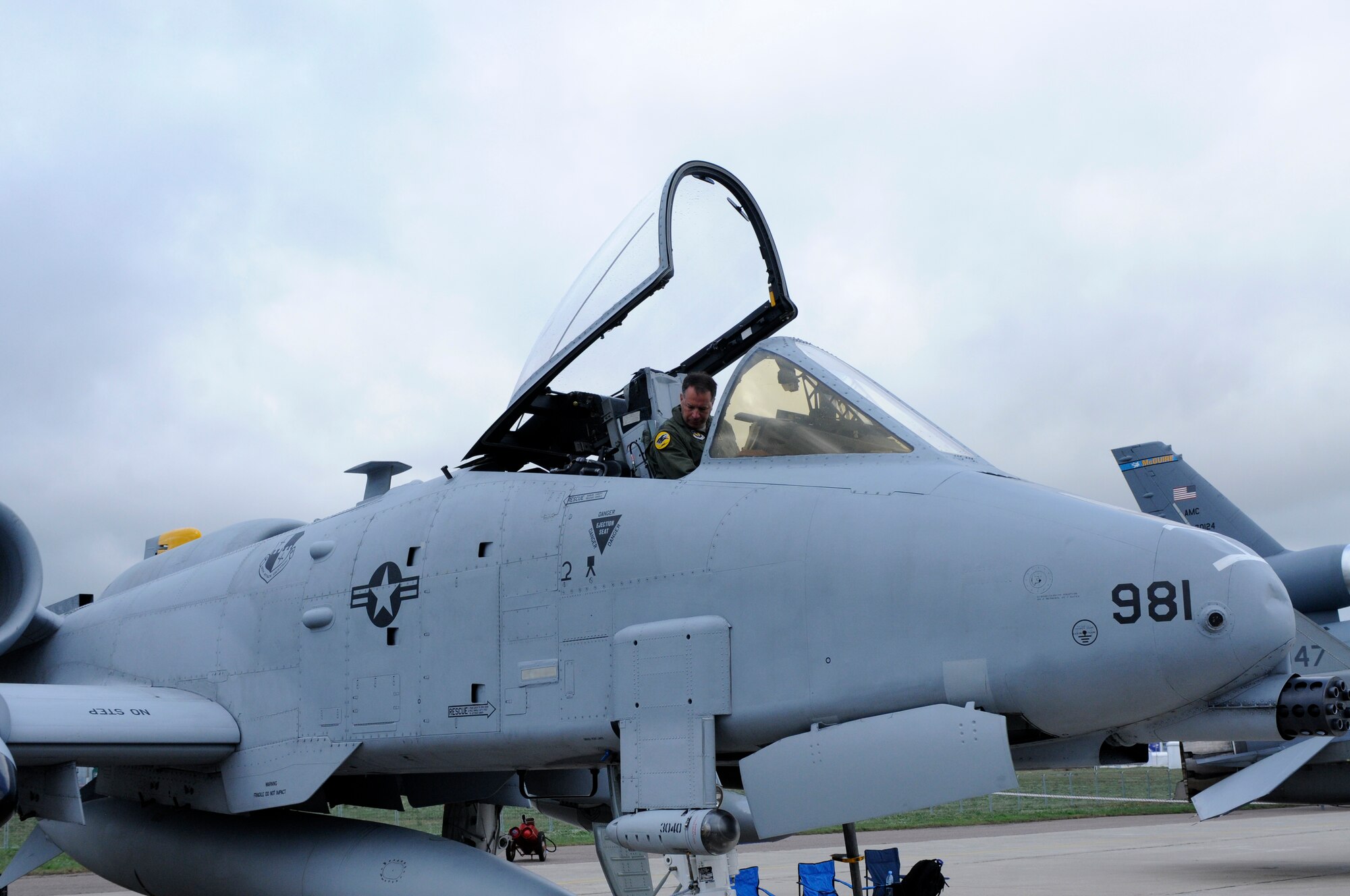 ZHUKOVSKY AIR FIELD, Russia – Lt. Col. Douglas Sirk, 81st Fighter Squadron pilot from Spangdahlem Air Base, Germany, runs the engines on his A-10 Thunderbolt II to move the hydraulic fluid and oil here Aug. 19.  The 81st FS has two A-10 static aircraft at the Moscow International Aviation and Space Salon, or MAKS 2011.  MAKS is one of the premier events of its type in the world and Department of Defense participation demonstrates the United States commitment to international security, promotes international cooperation, and contributes to U.S. foreign policy objectives.  The U.S. Air Force also has a KC-10 Extender, two F-16C Fighting Falcons, one F-15E Strike Eagle, one B-52 Stratotanker, C-130J Super Hercules and C-5M Galaxy statics for the show. (U.S. Air Force photo/Master Sgt. Kelley J. Stewart)