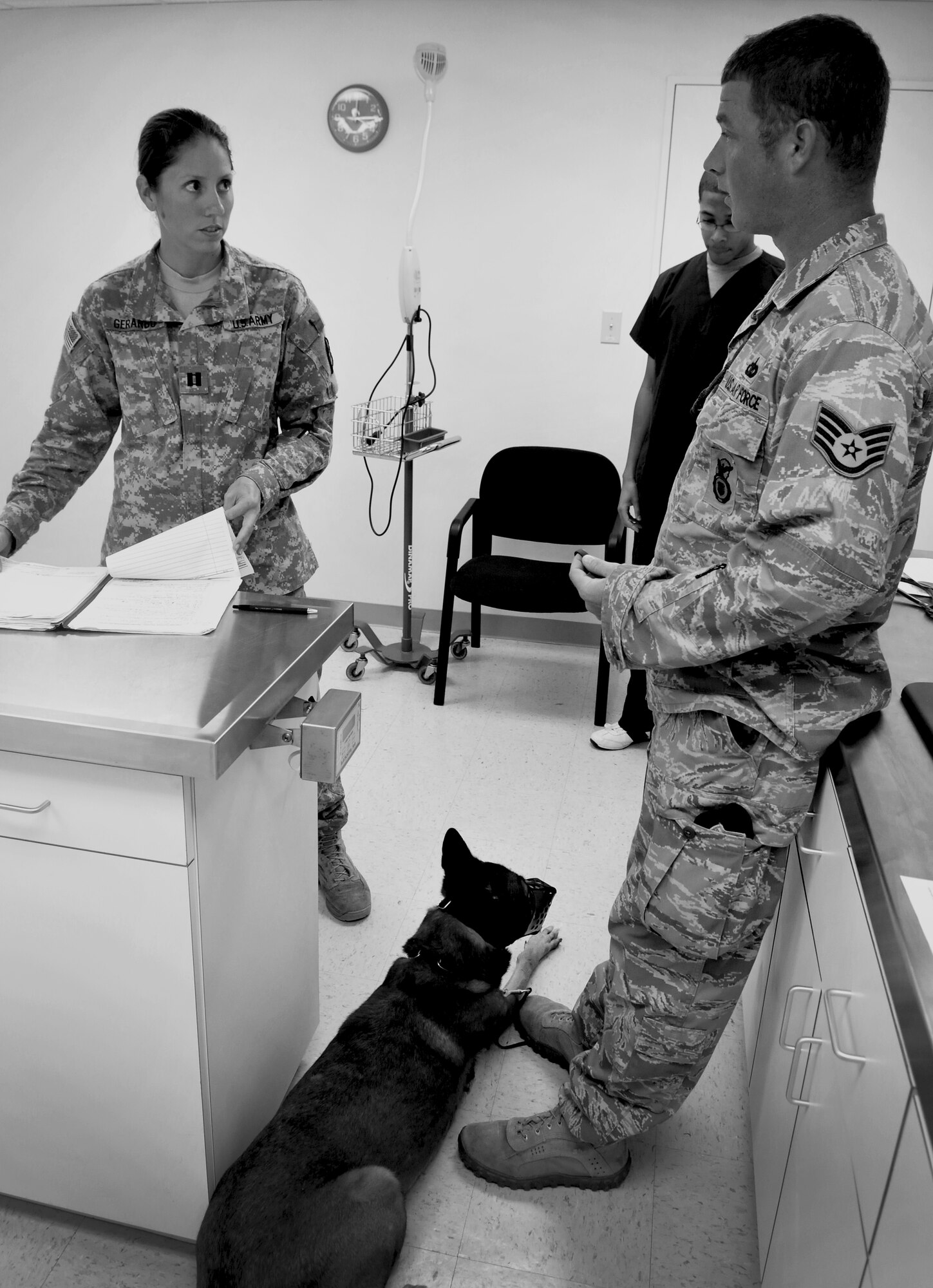 ANDERSEN AIR FORCE BASE, Guam—U.S. Army Capt. Angelina Gerardo, Public Health Command District Western Pacific veterinarian, goes over a military working dog’s health chart with U.S. Air Force Staff Sgt. David McClain, 36th Security Forces Military Working Dog trainer, during a revisit here Aug. 17. The 36th Wing veterinarian’s clinic takes care of approximately 30 “working dogs” to include military working dogs and United States Department of Agriculture dogs. (U.S. Air Force photo by Senior Airman Benjamin Wiseman/Released)