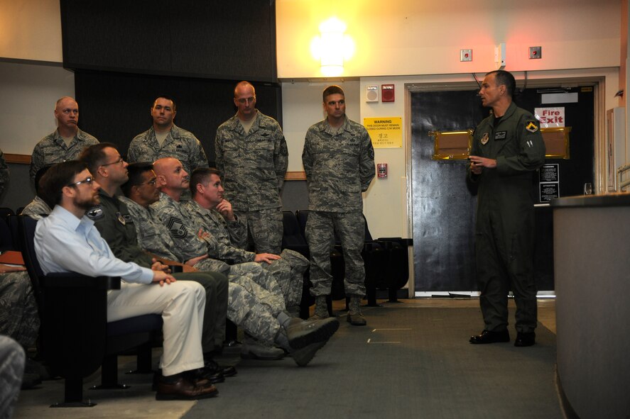 KUNSAN AIR BASE, Republic of Korea -- Dr. Jamie M. Morin, Assistant Secretary of the Air Force for Financial Management and Comptroller, sits in a newcomer's briefing during his visit here Aug. 18. As part of a Pacific Air Forces tour, Morin visited Kunsan and spoke with many Wolf Pack members. (U.S. Air Force photo/Staff Sgt. Rasheen Douglas)