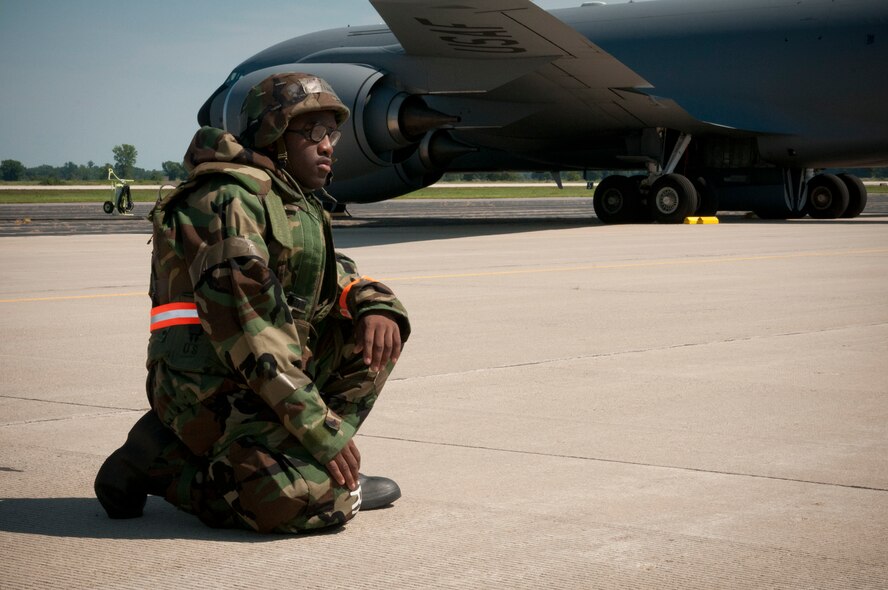 VOLK FIELD, Wis. -- The 459th Air Refueling Wing participated in a field training exercise here Aug. 15-21. The exercise was the final part of a four-step Operational Readiness Training Plan designed to help organizations like the 459th ARW be more successful in real-world rapid deployment scenarios and Operational Readiness Inspections. Throughout the week Airmen were trained by Volk Field cadre in different areas like self aid and buddy care, weapons familiarization and surviving chemical threats. All of the training culminated with a simulated wartime scenario, putting learned skills to the test against an opposing force at a forward operating base. (U.S. Air Force photo/Tech. Sgt. Steve Lewis)