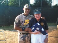 Staff Sgt. Craig Leblanc stands with U.S. Navy veteran, Everett Swanson, a survivor of the attack on Pearl Harbor. (Courtesy photo)