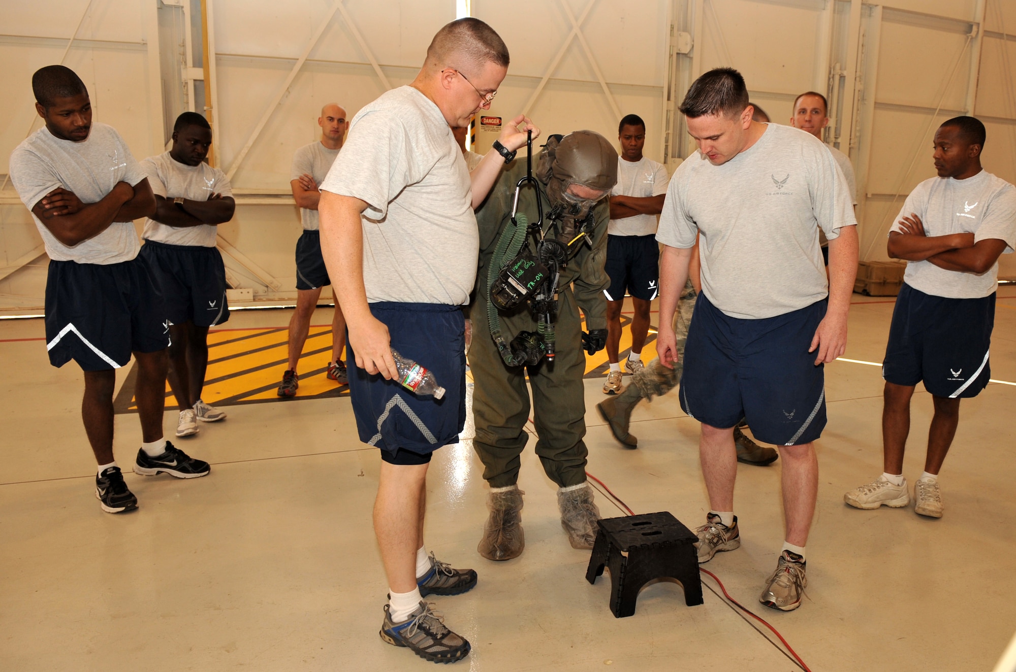 MOUNTAIN HOME AIR FORCE BASE, Idaho – Airmen from various installations meet while going though the Lightweight Inflatable Decontamination System training here Aug. 18. The LIDS system is a more efficient process of decontamination than past procedures. (U.S. Air Force photo by Airman1st Class Heather Hayward)