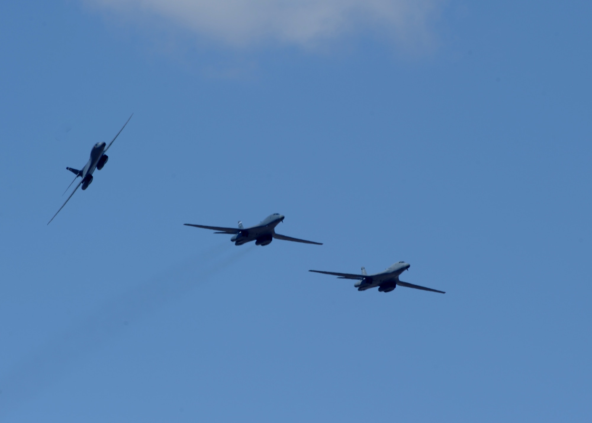 A B-1 Bomber from the 77th Weapons Squadron separates from formation Aug. 18, 2011 at Dyess Air Force Base, Texas. The formation was performed by students and instructors from the 77th Weapons School to develop new tactics for battle situations. (U.S. Air Force photo by Airman 1st Class Jonathan Stefanko/ Released)