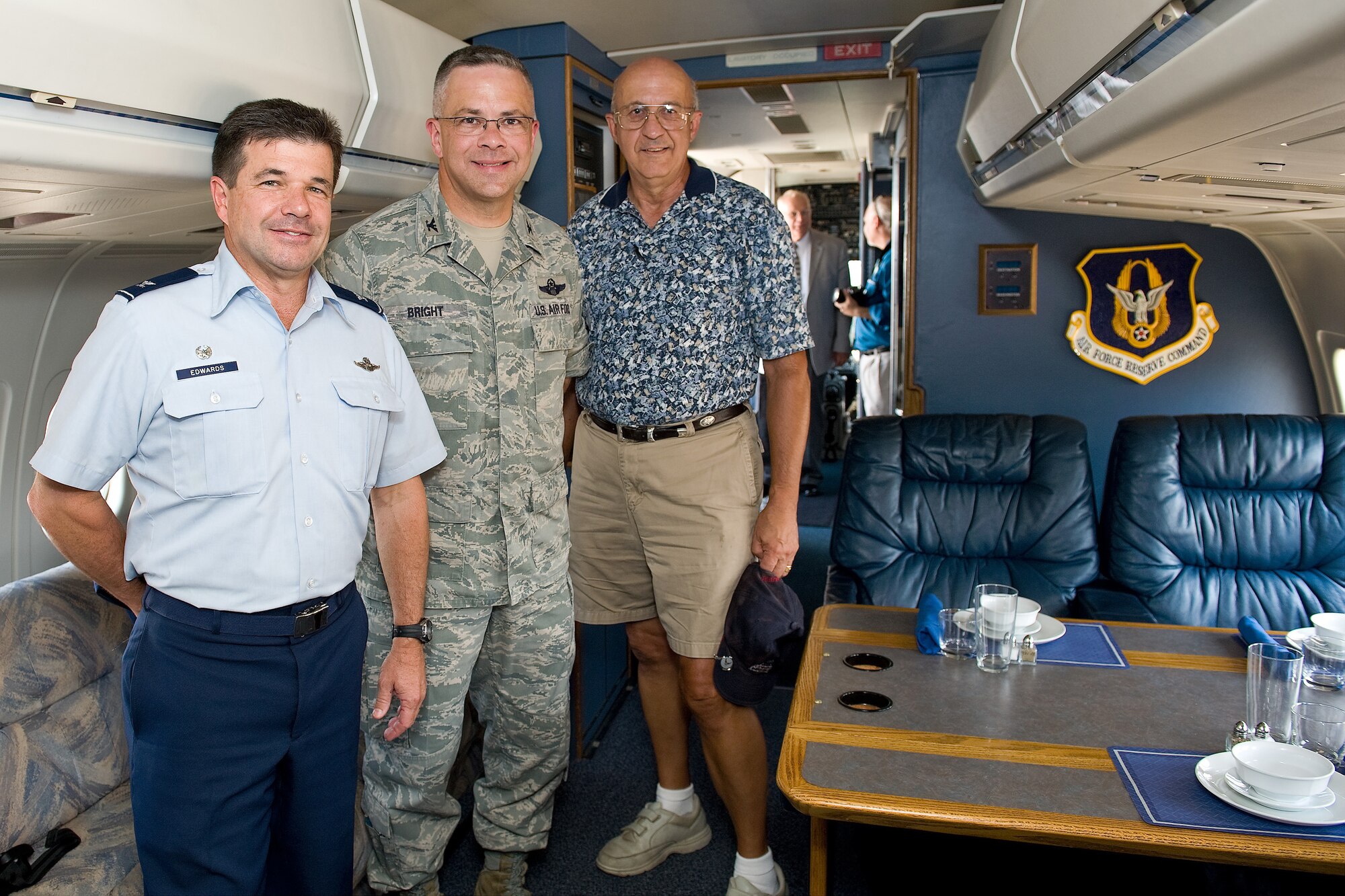 Col. William Edwards, 932nd Airlift Wing commander from Scott Air Force Base, Ill., Col. Randal L. Bright, 512th Airlift Wing commander here, and retired Brig. Gen. Michael J. Quarnaccio, 512th AW commander from January 1995 to March 1998, stand inside the VC-9, better known as Air Force Two, Aug. 18, 2011. An aircrew from the 932nd Airlift Wing, Scott AFB, Ill., flew the aircraft on its final flight to the Air Mobility Command Museum here. Some of the dignitaries that have flown on this aircraft include former Presidents Ronald Reagan and Bill Clinton, making it Air Force One. When designated as Air Force Two, dignitaries such as former Vice Presidents George H. W. Bush, Dan Quayle, and Walter Mondale have also flown on this aircraft. (U.S. Air Force photo/Roland Balik) 