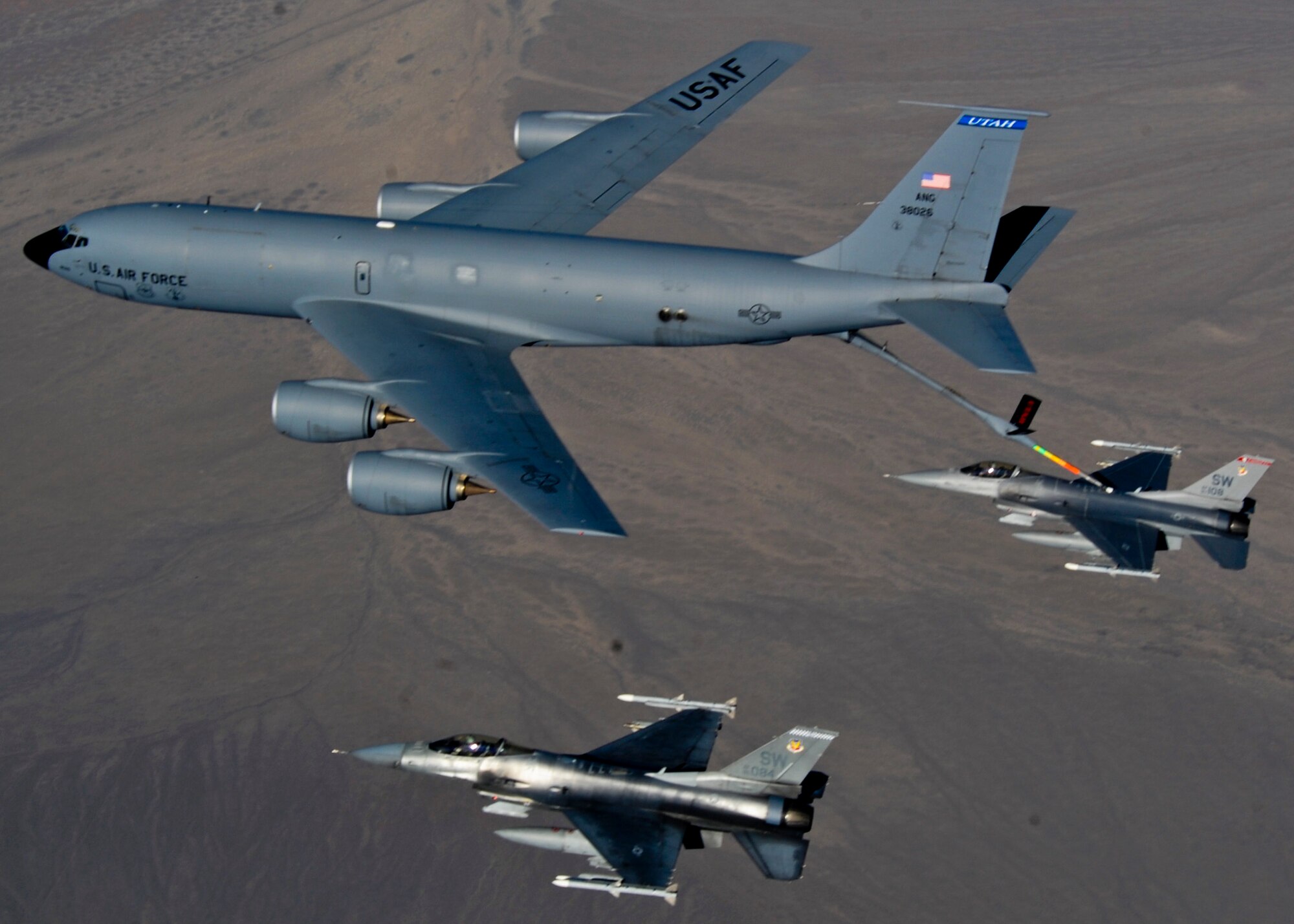 An F-16 Fighting Falcon from Shaw Air Force Base, S.C., fuels up during a Combat Hammer mission at Hill Air Force Base, Utah.  The Combat Hammer missions are part of an annual month-long weapons system evaluation program held at the base by the 53rd Weapons Evaluation Group.  The group is responsible for air-to-ground and air-to-air weapons evaluation.  (Courtesy photo)