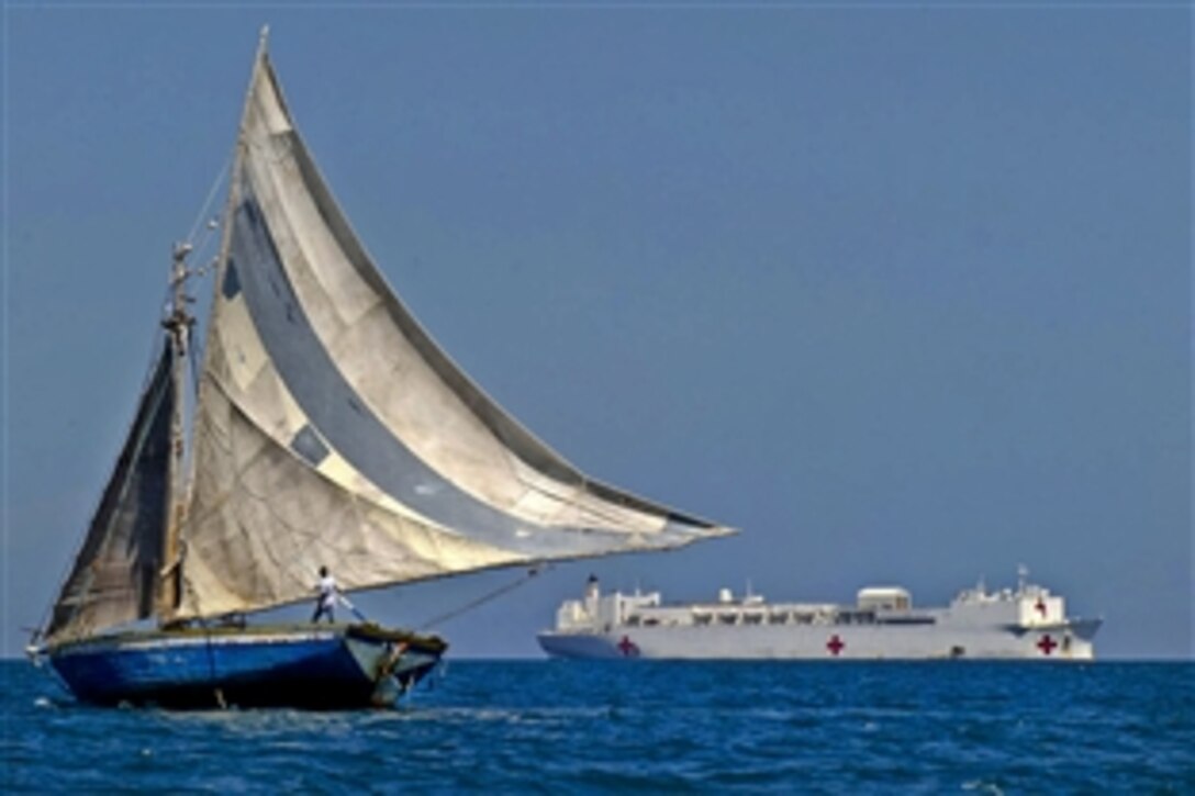 The Military Sealift Command hospital ship USNS Comfort is anchored off the coast of Port-au-Prince, Haiti, during Continuing Promise 2011, Aug. 19, 2011. Continuing Promise is a five-month humanitarian assistance mission to the Caribbean, Central and South America.