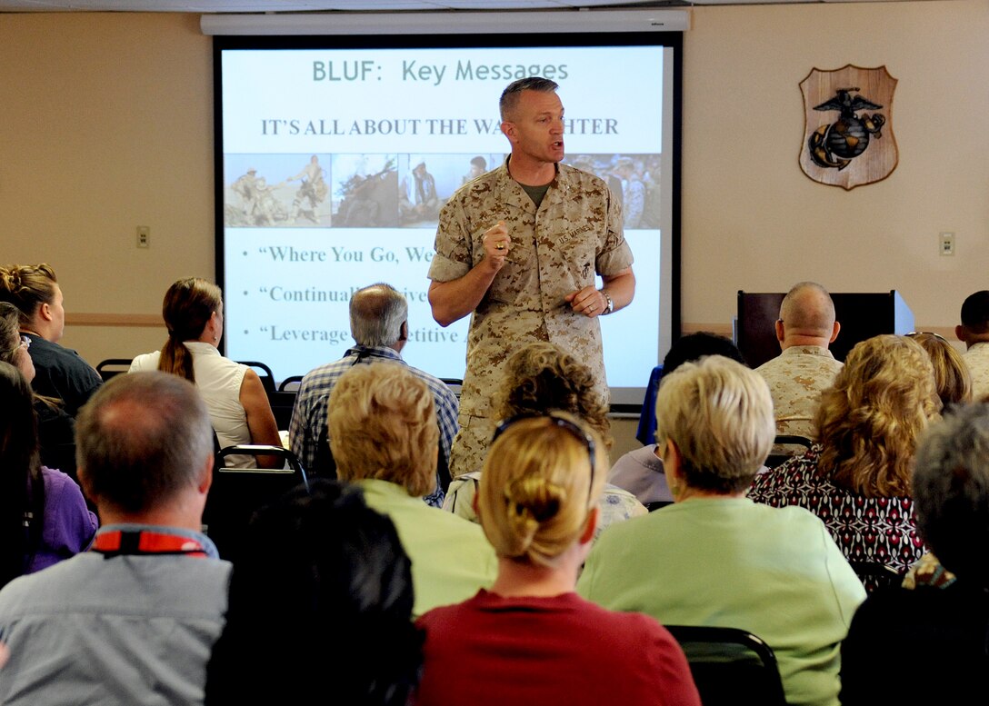 Colonel Daniel P. Ermer, Commanding Officer, Marine Corps Logistics Base Barstow, Calif., emphasizes his key message -“It’s all about the warfighter” - during his 2011 to 2015 Strategic Campaign rollout speech at the Maj. Gen. James L. Day Conference Center Aug. 22. The five-year plan details::r::::n::the commander’s vision to keep MCLB Barstow competitive and viable in an aggressive market for Department of Defense dollars.