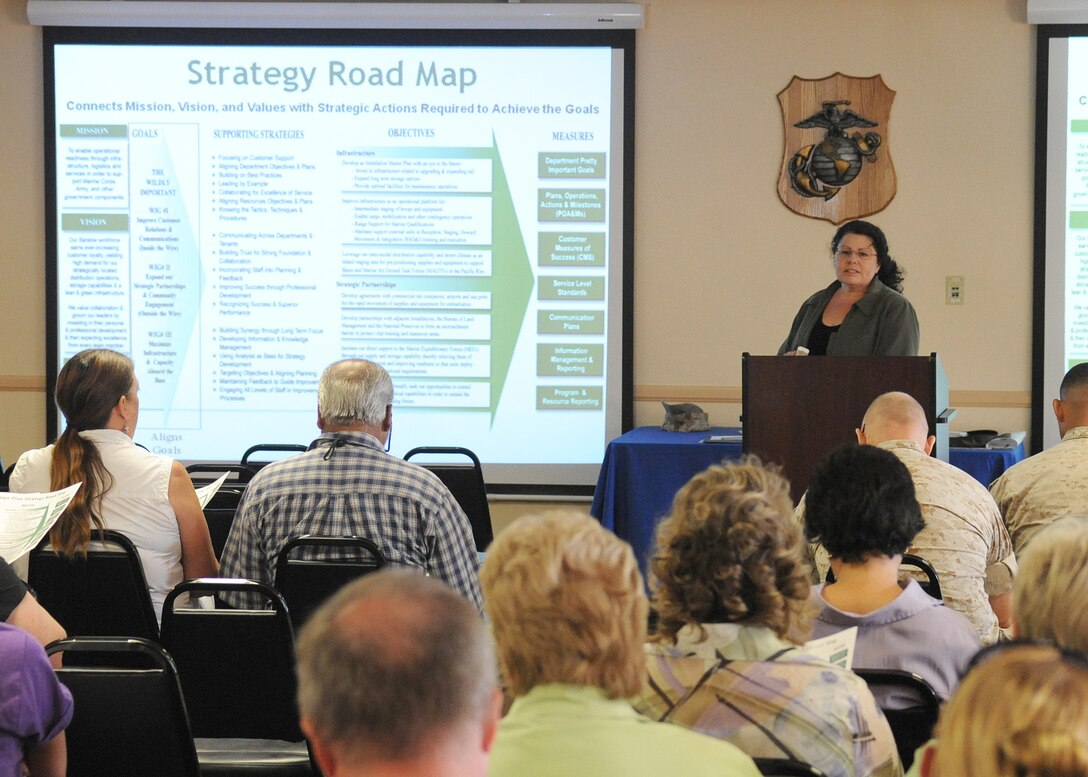 Karen Gray, Strategic Analyst, Marine Corps Logistics Base Barstow, gives an overview of the 2011 - 2015 Strategic Campaign roll-out talk before Col. Daniel P. Ermer, Commanding Officer, MCLBB, takes to the floor to expand on the important goals the base must achieve to stay competitive in the defense industry.