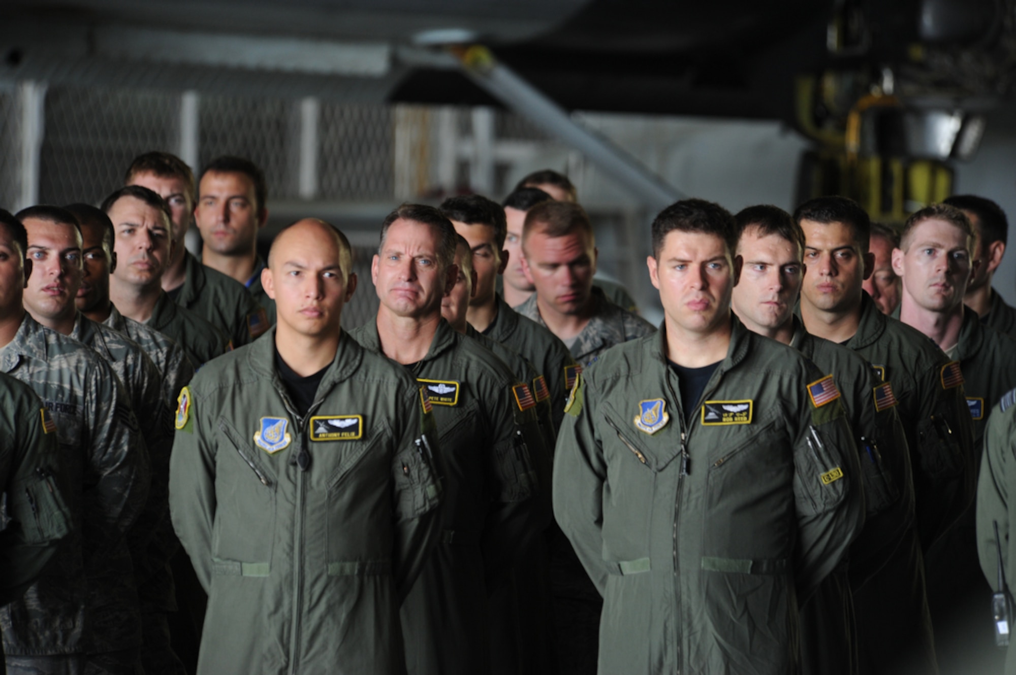 COLOMBO, Sri Lanka – Members of the 36th Expeditionary Squadron stand "At Ease" while in formation at Ratmalana Airport, Colombo, Sri Lanka on Aug. 22 for the opening ceremony of Pacific Airlift Rally 2011, a Pacific Air Force sponsored, biennial multilateral tactical military airlift symposium. Airmen from the Royal Australian Air Force (RAAF), the Sri Lankan Air Force, the Royal Malaysian Air Force and the U.S. Air Force are participating in the one-week exercise. The exercise enhances military airlift interoperability and cooperation between the nations of the Indo-Pacific region. (DoD photo/Master Sgt. Cohen A. Young)