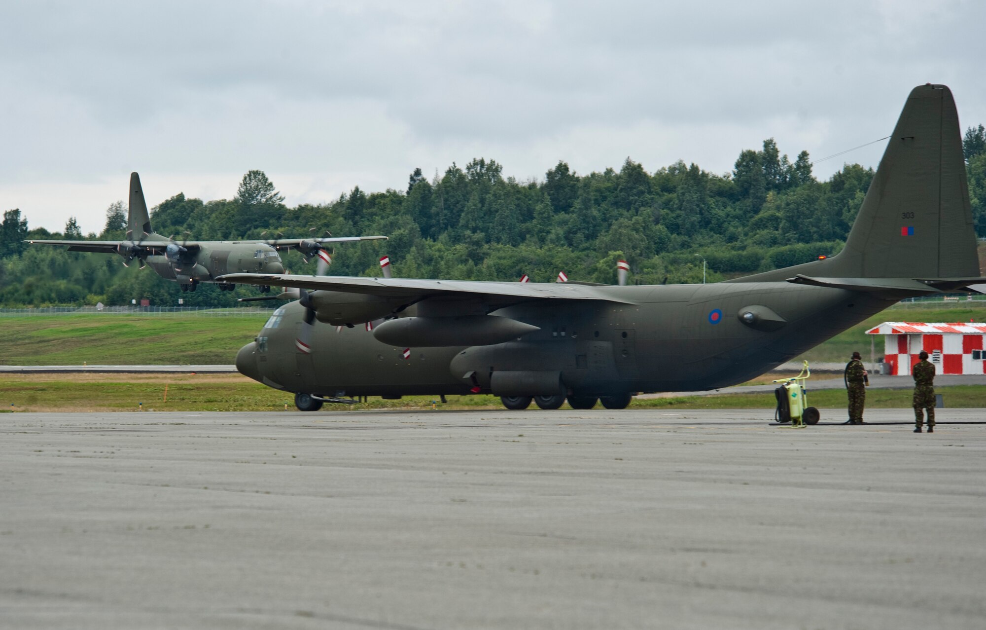 JOINT BASE ELMENDORF-RICHARDSON, Alaska -- A C-130 Hercules from the United Kingdom Royal Air Force?s No. 47 Squadron takes off Aug. 22 during a sortie for Red Flag-Alaska 11-3. The 47th traveled from the U.K. with 56 members of the RAF to participate in RF-Alaska, which takes place from Aug. 15 through 26. While here they will work on enhancing their skills in cargo-air drops, electronic warfare, assault-strip landings and more. (U.S. Air Force photo/Senior Airman Christopher Gross)
